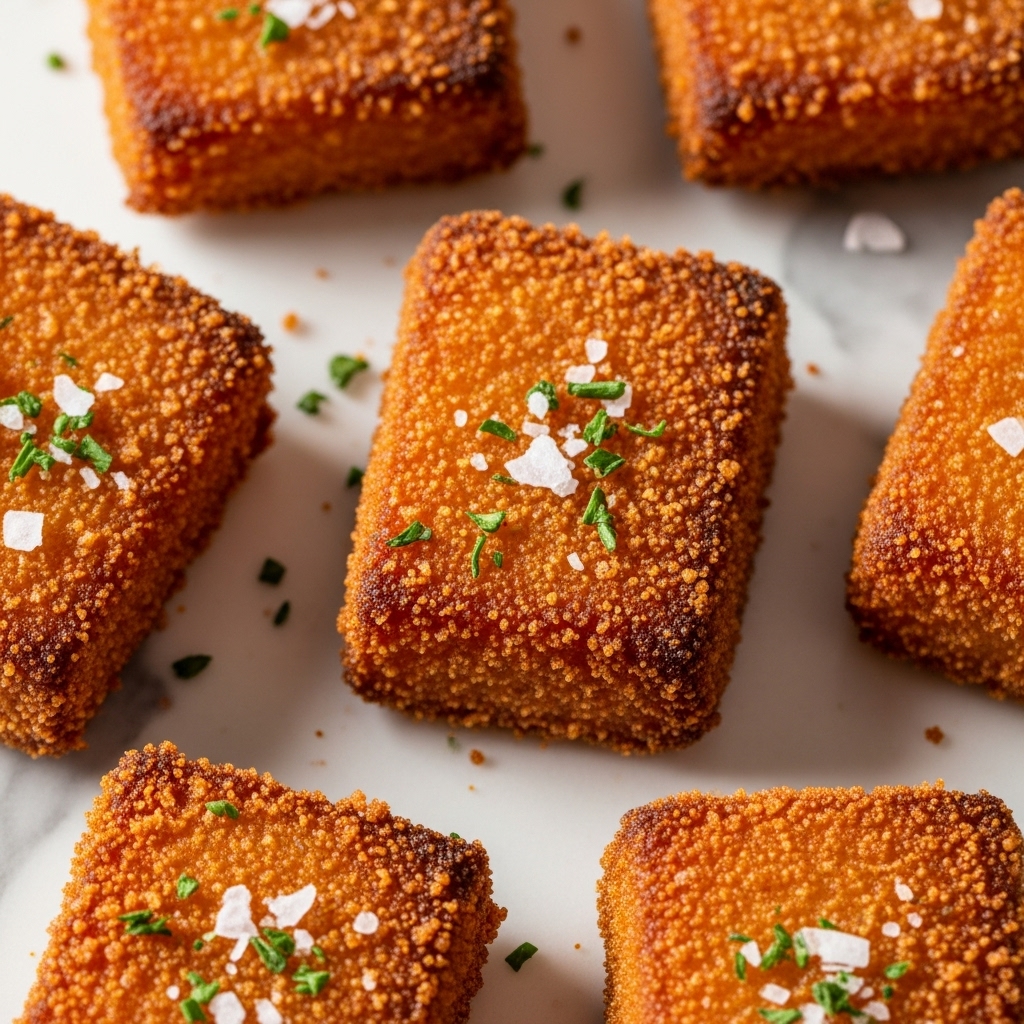 The image shows several small, rectangular, golden-brown fried pieces close together with crispy, crumbly texture on the outside. They have a crunchy coating with some darker toasted spots and are sprinkled with coarse white salt flakes and small green herb bits on top. The close-up view highlights the detailed crunchy surface of each piece. The setting uses a white marbled textured surface underneath the food. Photo taken with an iphone --ar 4:5 --v 7