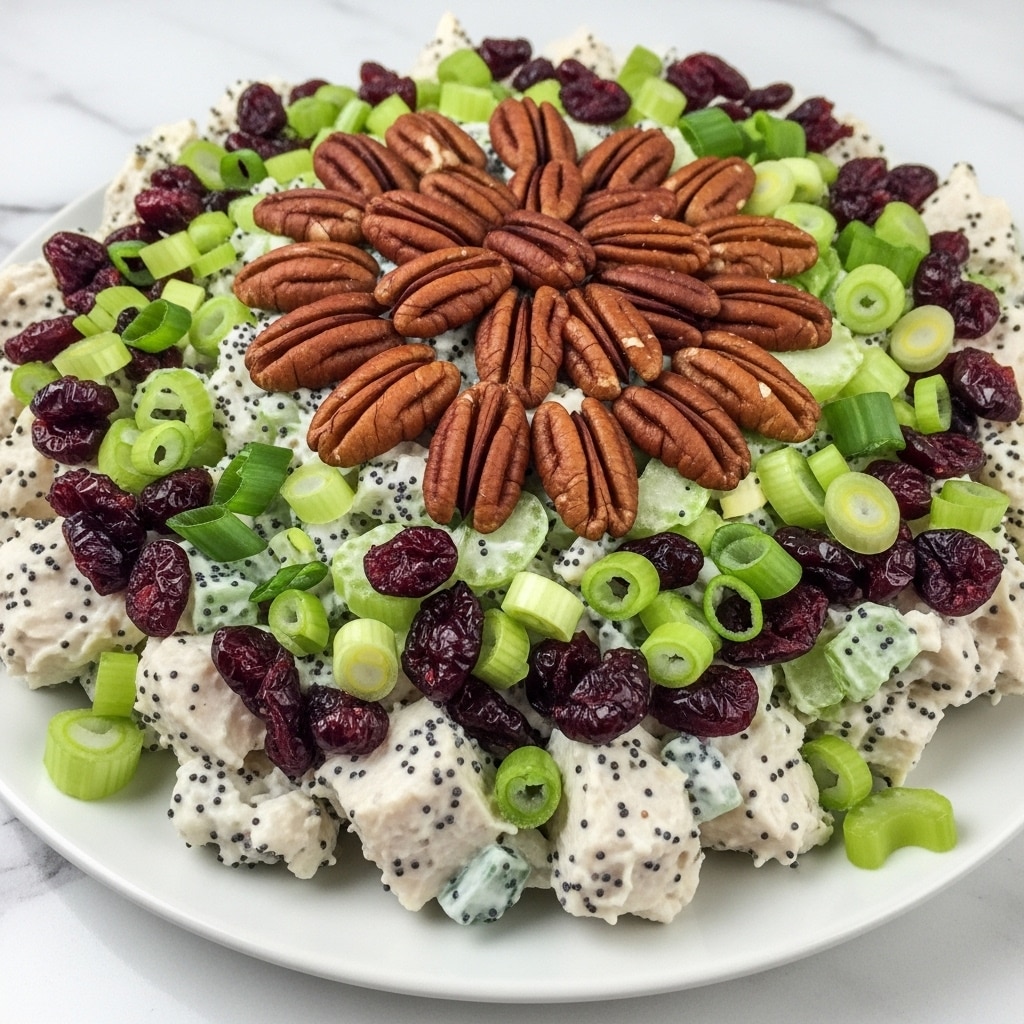 A close-up view of a creamy chicken salad served on a white plate placed on a white marbled surface. The salad has several layers, starting with chunks of white chicken meat mixed with a creamy dressing that has small black poppy seeds sprinkled throughout. Scattered evenly across the salad are bright green chopped celery pieces and green onion slices, adding contrast. Dark red dried cranberries are spread throughout the salad, giving pops of color. On top, in the center, sits a neat circle of whole, toasted pecan halves with a warm brown color and smooth texture. The overall look is fresh and colorful with a creamy and crunchy texture mix. Photo taken with an iphone --ar 4:5 --v 7