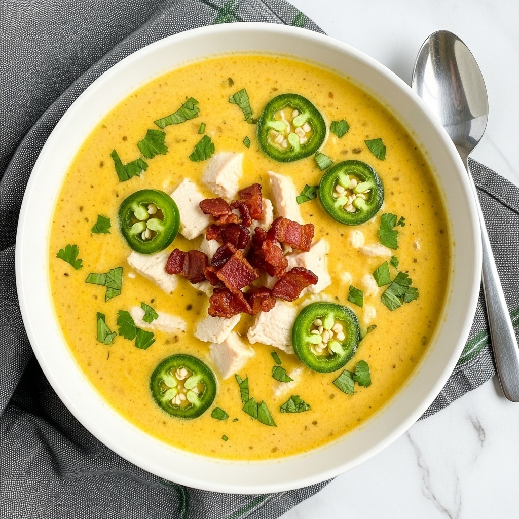 A white bowl filled with creamy soup that has a light yellow base with bits of black pepper and herbs. Large pieces of white chicken are visible throughout, topped with small crunchy red bacon bits in the center. Bright green jalapeño slices are spread on top along with chopped fresh green herbs scattered evenly. The bowl sits on a folded green and gray striped cloth on a white marbled surface. A shining silver spoon rests beside the bowl. Photo taken with an iphone --ar 4:5 --v 7