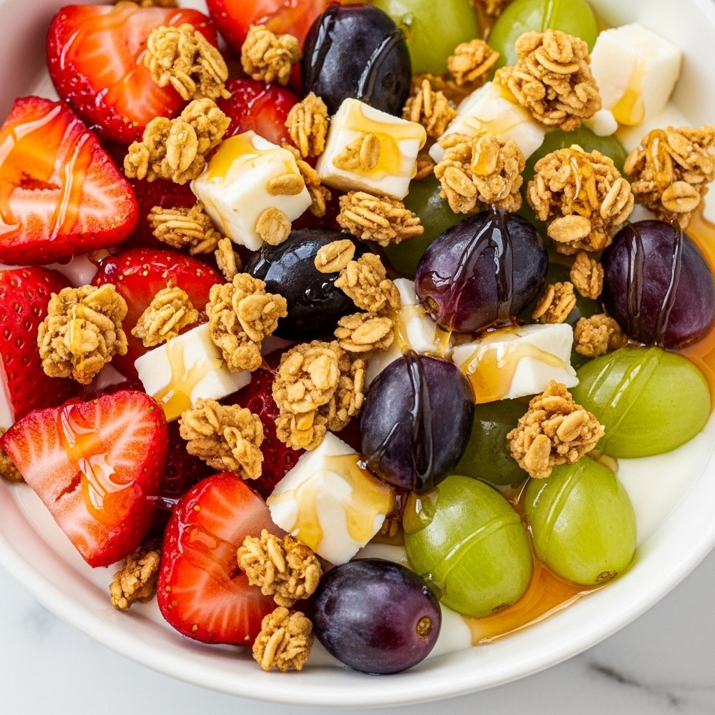 A white bowl filled with a creamy white yogurt base layered at the bottom, topped with a colorful mix of fresh fruits and crunchy granola. On top, there are halved red strawberries with seeds visible, whole green grapes, and whole red grapes, all scattered evenly. Small clusters of golden brown granola sit between the fruits, adding texture. A light drizzle of golden honey or syrup glistens over the fruit, giving a shiny finish. The bowl is placed on a white marbled surface. Photo taken with an iphone --ar 4:5 --v 7