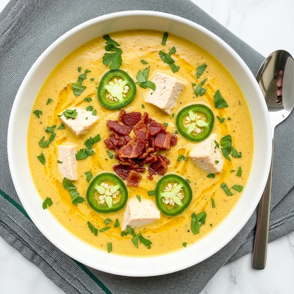 A white bowl filled with creamy yellow soup, layered with chunks of white chicken, small pieces of dark red crispy bacon in the center, and several slices of bright green jalapeño scattered on top. The surface of the soup shows a mix of smooth creamy texture with sprinkled chopped fresh green herbs evenly spread. The bowl sits on a gray and green fabric napkin, placed on a white marbled textured surface, with a silver spoon resting next to it. Photo taken with an iphone --ar 4:5 --v 7