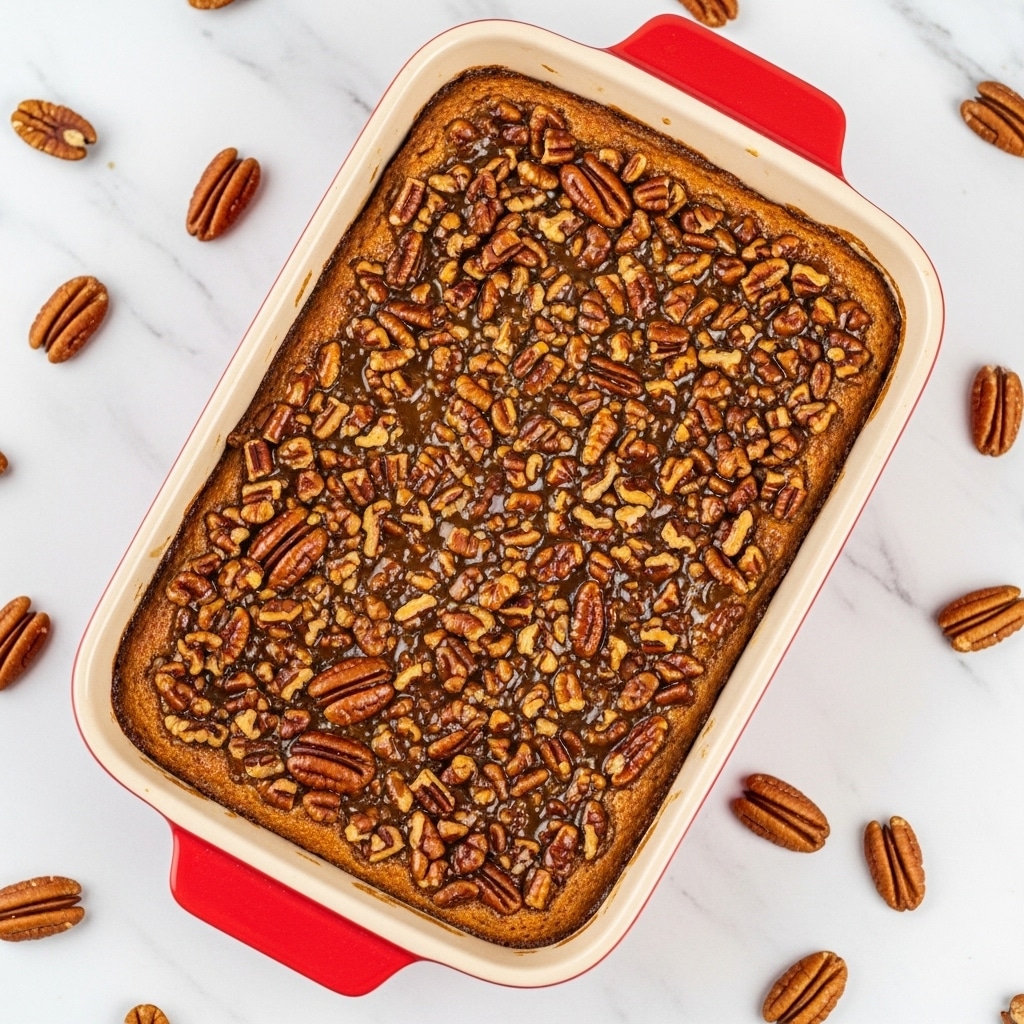 A close-up view of a rectangular pecan pie in a deep red ceramic baking dish with handles on each side. The top layer is a thick, sticky, glossy mixture densely packed with toasted, dark brown pecan halves that create a rough, textured surface. Underneath the pecans, there is a golden-brown crust visible around the edges inside the dish, showing a firm, slightly crumbly texture. The pie sits on a white marbled surface, with several whole pecans scattered randomly nearby, adding a natural touch. A corner of a light brown cloth is placed under one side of the dish. Photo taken with an iphone --ar 4:5 --v 7