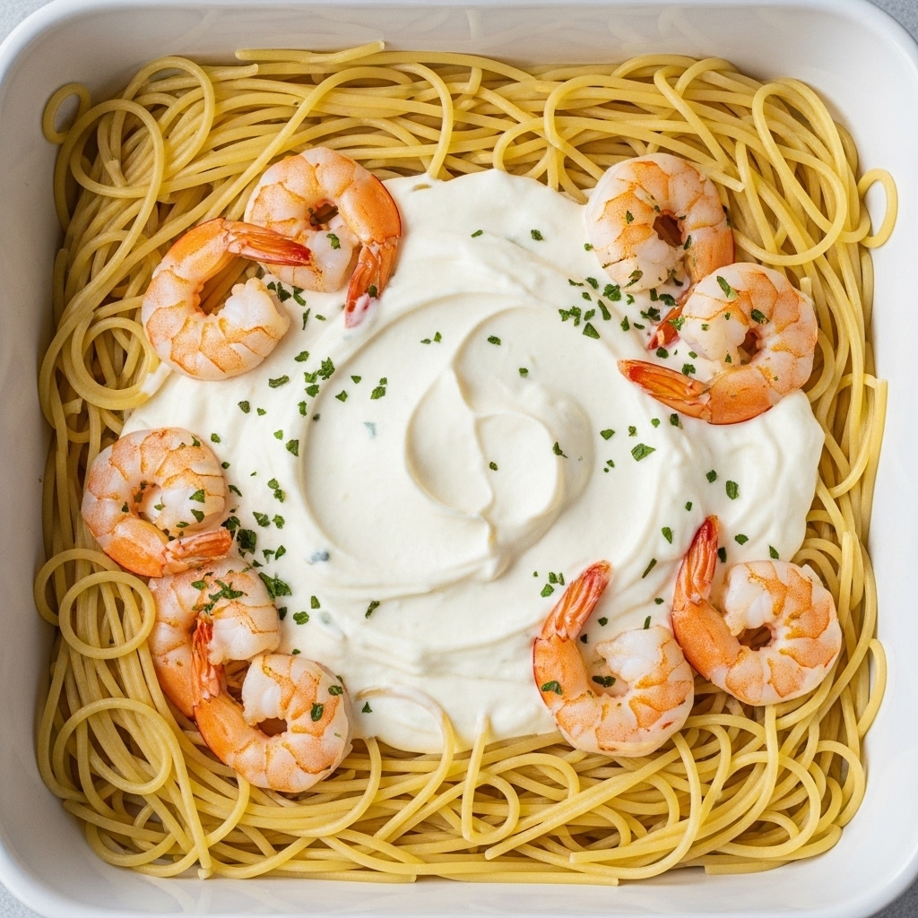 A close-up view of a baked shrimp pasta dish in a white square baking dish, showing three main layers: at the bottom, a layer of yellowish cooked spaghetti arranged loosely; in the middle, a creamy white sauce spread evenly; on top, several plump, pink-orange shrimp evenly placed, with green chopped herbs sprinkled over everything. The edges of the baking dish show slight browning from baking, and the dish rests on a white marbled surface. Photo taken with an iphone --ar 4:5 --v 7