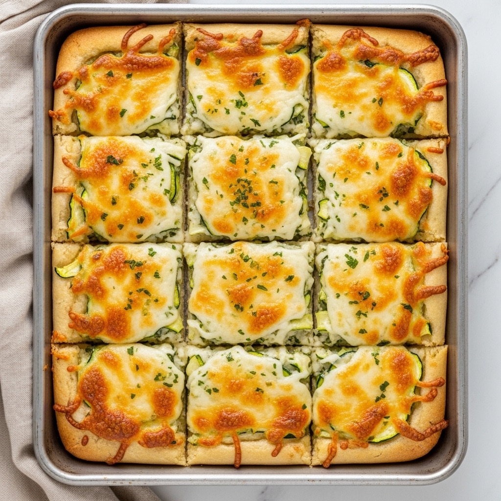 This image shows a rectangular baked dish cut into twelve equal rectangular pieces, arranged in three columns and four rows. The top layer is a golden-browned melted cheese scattered with small green herb bits. Below this cheese topping, hints of a green mixture suggest a creamy herb or vegetable filling, with the edges slightly browned from baking. The dish is in a shallow silver baking pan placed on a white marbled textured surface. Photo taken with an iphone --ar 4:5 --v 7