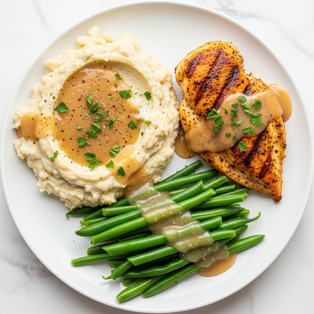 A white plate holds three main parts of food arranged side by side on a white marbled surface. On the left, there is a large scoop of light creamy mashed potatoes topped with light brown gravy and small green herb sprinkles. In the middle to right, a grilled chicken breast with a golden brown crust sits partially covered in the same light brown gravy, with tiny green herb bits scattered on top. On the bottom right, a bunch of bright green steamed green beans is lightly drizzled with creamy gravy, some of the beans resting under the chicken. The textures vary from smooth and creamy to crisp and fresh. photo taken with an iphone --ar 4:5 --v 7