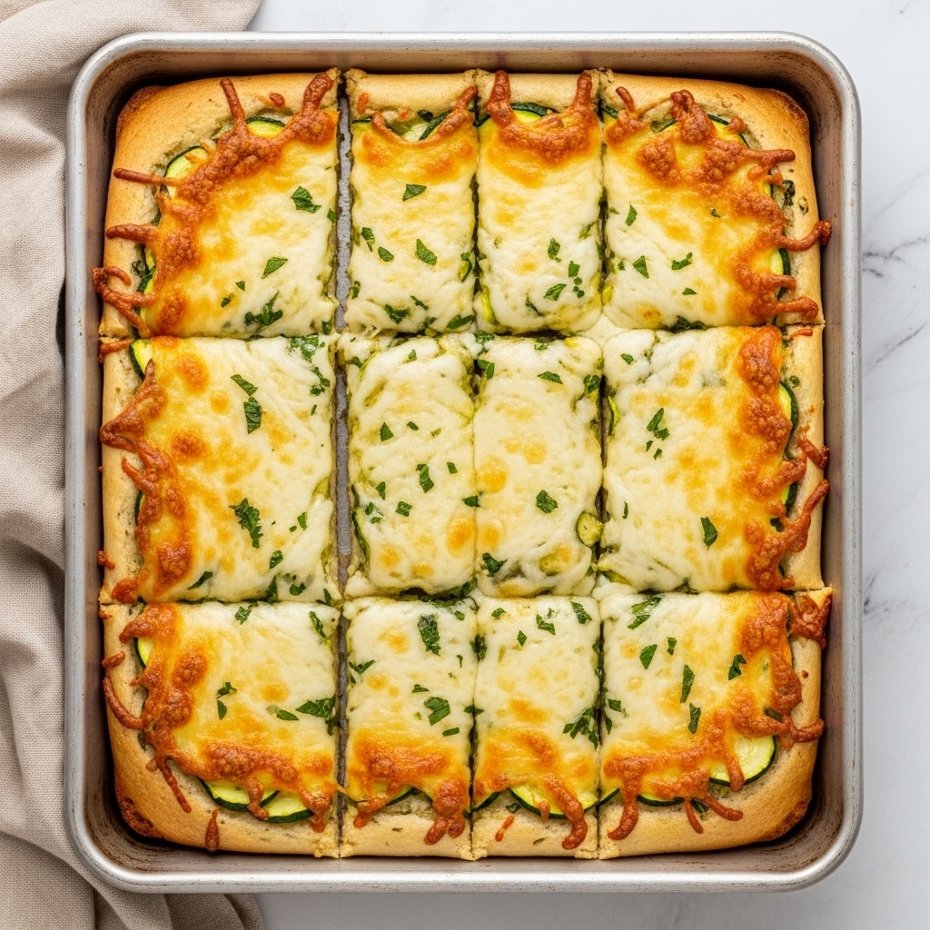A tray of rectangular cheesy breadsticks cut into ten even pieces fills the metal baking pan. Each breadstick has a golden-browned top layer of melted mozzarella cheese sprinkled with small bits of green herbs that add a touch of color. Below the bubbly, slightly browned cheese layer is a soft, white crust that peeks out slightly at the edges. The breadsticks appear to have a moist texture with herbs mixed throughout the cheese layer. The pan rests on a white marbled surface with a beige cloth partially visible on the left side. photo taken with an iphone --ar 4:5 --v 7
