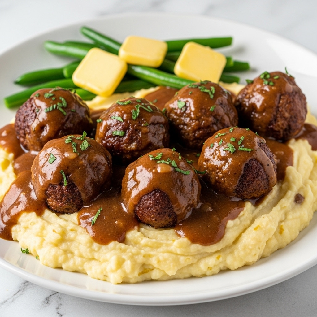 A white plate holds a bed of creamy mashed potatoes, smooth and pale yellow, as the base layer. On top, five glossy brown meatballs are arranged in the center, covered with a thick, rich dark brown gravy that glistens under the light. A few small green herb pieces are sprinkled lightly over the meatballs, adding a touch of color contrast. In the background, green beans with a slight shine and small butter pieces peek from behind the mashed potatoes. The plate is set on a white marbled surface. photo taken with an iphone --ar 4:5 --v 7