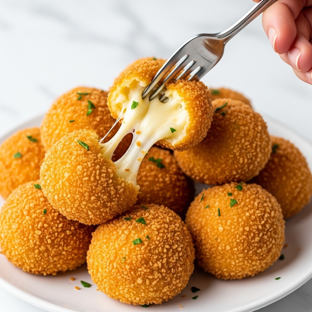 The image shows a close-up of golden-brown crispy cheese balls piled on a white plate. Each cheese ball has a crunchy outer layer with melted, soft cheese visible inside. One cheese ball is being held by a woman's hand with a silver fork piercing it, showing gooey cheese stretch. The cheese balls are sprinkled with small green herb bits for color contrast. The background is a white marbled surface, creating a clean and bright look. photo taken with an iphone --ar 4:5 --v 7