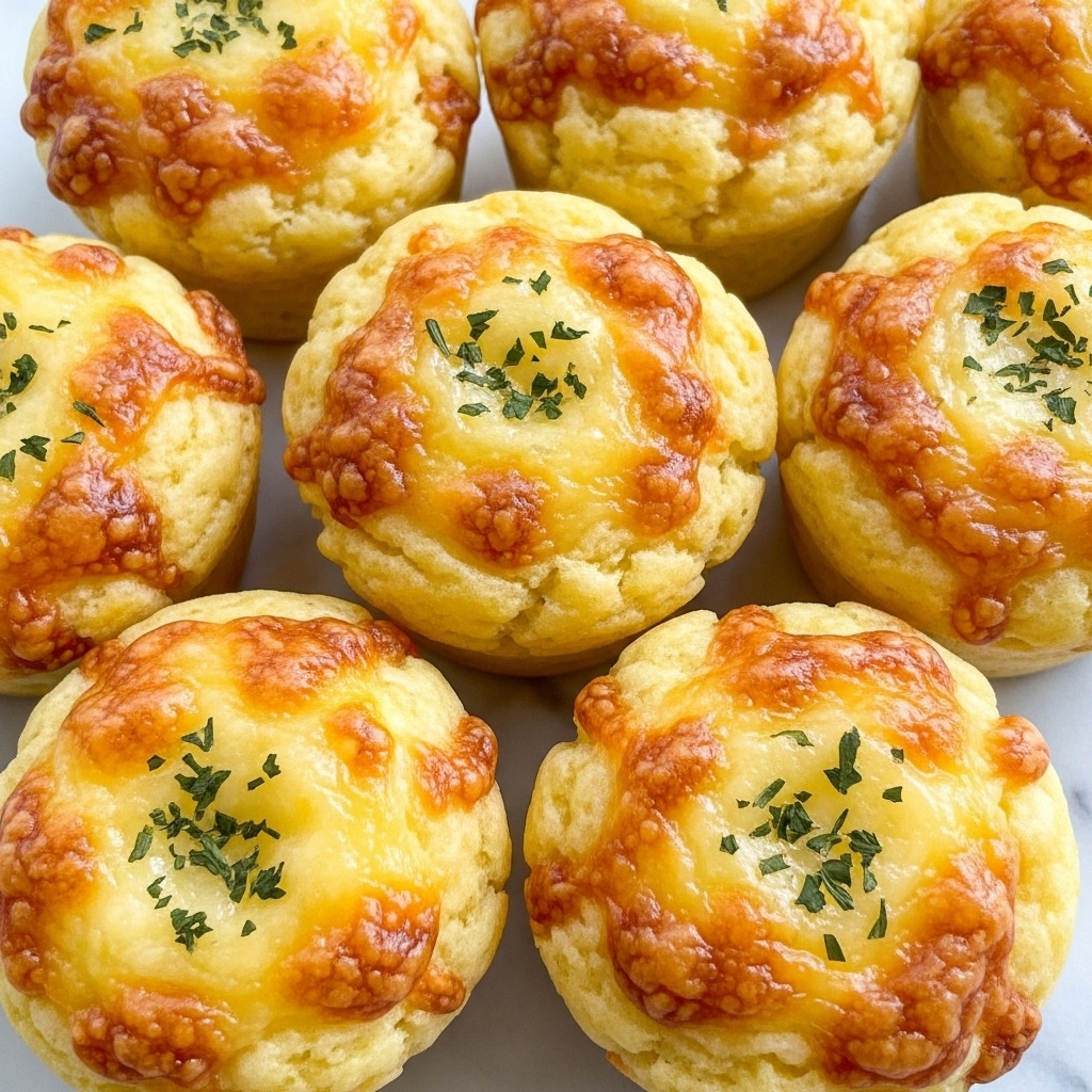 The image shows a group of seven small golden-brown egg muffins arranged closely together. Each muffin has a slightly crispy, textured top with melted cheese that is light yellow and bubbly, sprinkled with finely chopped green herbs. The muffins sit on a white plate placed on a white marbled surface. The lighting highlights the warm and inviting color of the muffins. photo taken with an iphone --ar 4:5 --v 7