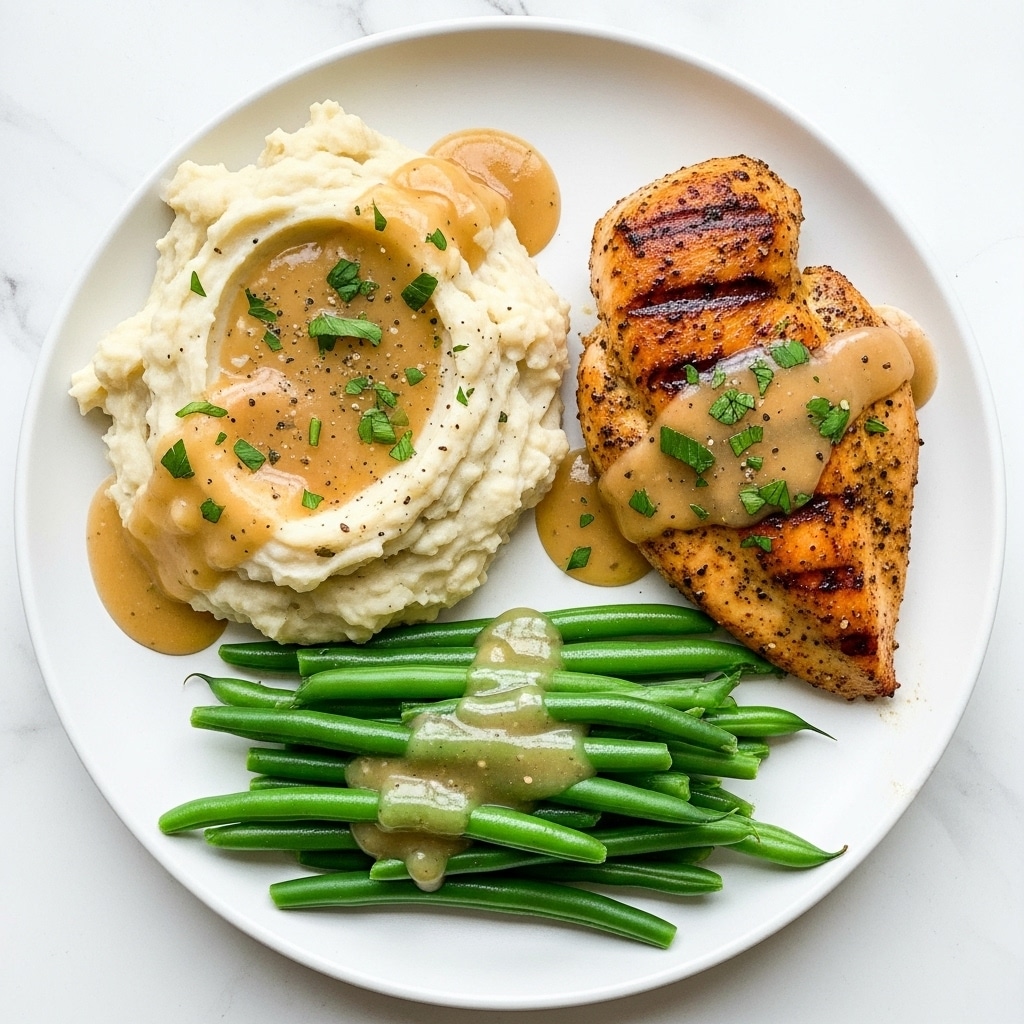 A white plate holds three main parts: on the left, a large serving of creamy mashed potatoes with a pale, smooth texture and small bits of skin visible; the potatoes are topped with a light brown gravy sprinkled with tiny green parsley pieces and black pepper. To the right of the potatoes, a thick, golden-brown grilled chicken breast with a slightly crispy and seasoned crust drapes with some gravy and green parsley bits on top. Below the chicken, a neat pile of bright green steamed green beans shows a firm texture and is drizzled with light brown gravy as well. The plate sits on a white marbled surface. Photo taken with an iphone --ar 4:5 --v 7