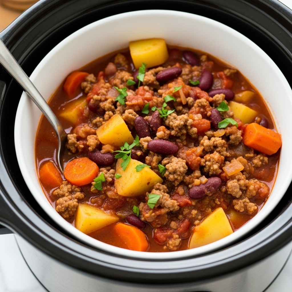 The image shows a close-up of a stew in a white bowl inside a black slow cooker. The stew has a thick tomato-based sauce that is reddish brown. Visible layers include chunks of yellow potatoes, orange carrots, red kidney beans, and browned ground meat spread evenly throughout. Small green parsley pieces are sprinkled on top, adding fresh color. A metal spoon rests on the left side of the bowl, partially submerged in the stew. The setting is on a white marbled surface with a blurred wooden object in the background. Photo taken with an iphone --ar 4:5 --v 7