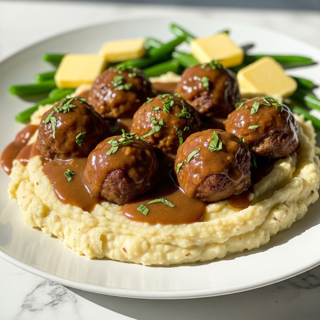 On a white plate, there is a base layer of creamy, pale yellow mashed potatoes with a slightly lumpy texture filling most of the plate. On top of the mashed potatoes, several shiny brown meatballs coated in a thick, rich brown gravy are placed closely together. Small green herb pieces are sprinkled over the meatballs and gravy for a touch of color. In the background of the plate, some green beans with a glossy look and small pats of yellow butter are arranged loosely. The whole dish sits on a white marbled surface with soft natural light highlighting the textures and colors of the food, creating a warm and inviting look. photo taken with an iphone --ar 4:5 --v 7