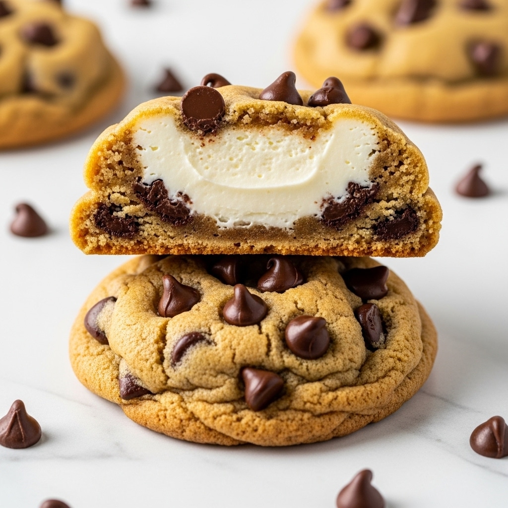 The image shows two chocolate chip cookies with cream cheese filling, stacked on a white marbled surface. The bottom cookie is whole and golden brown with chocolate chips scattered on top, while the top cookie is cut in half to reveal a thick white cream cheese layer inside, surrounded by a soft cookie layer with chocolate chips embedded. The cookies have a slightly cracked and crumbly texture. Small chocolate chip pieces are visible around the cookies. Photo taken with an iphone --ar 4:5 --v 7
