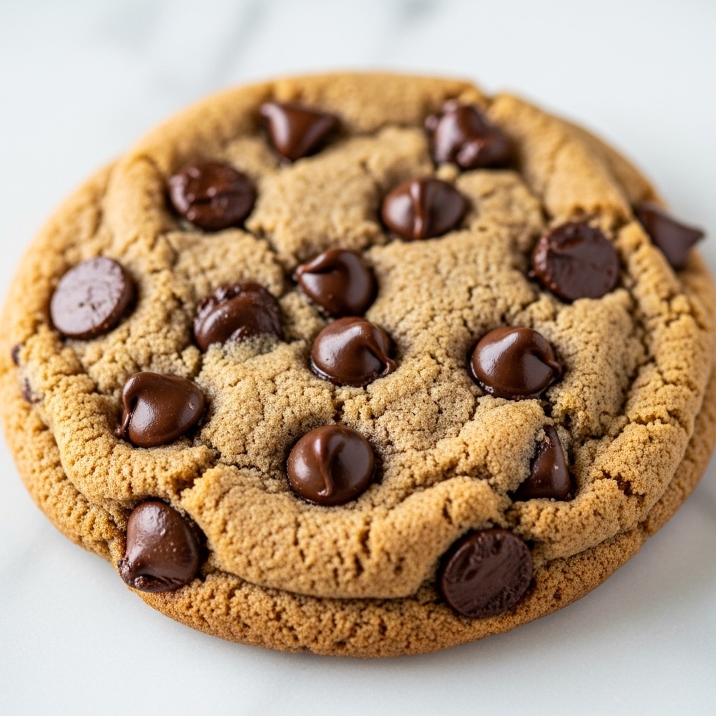 The image shows a close-up of a single thick chocolate chip cookie with a rough, crumbly texture. The cookie is golden brown with many large, shiny dark chocolate chips embedded unevenly across its surface, some slightly melted. It rests on a white marbled surface that contrasts with the cookie's warm colors. The cookie appears soft and chewy with small cracks and a slightly crispy edge. Photo taken with an iphone --ar 4:5 --v 7