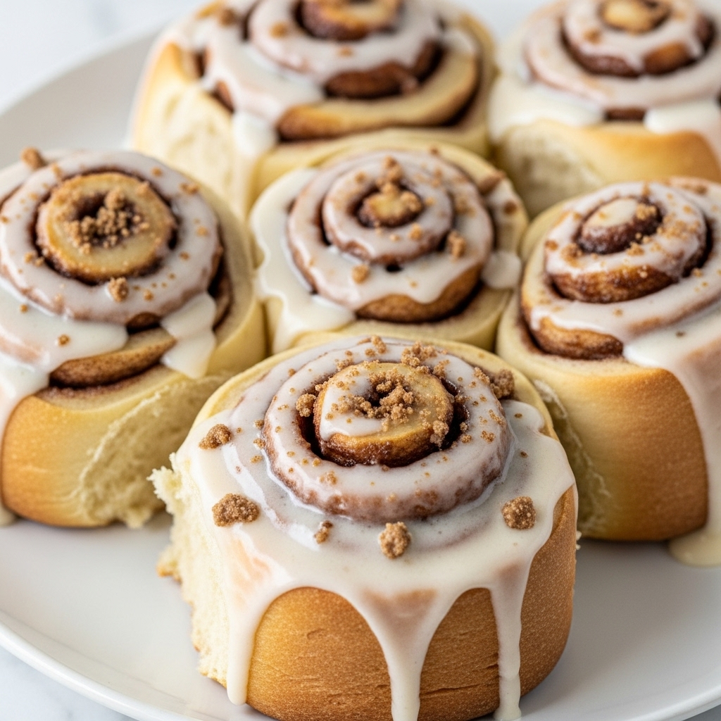 A white plate holds five cinnamon rolls arranged closely together, each roll topped with a thick layer of light tan icing that drips gently down the sides. The cinnamon rolls are golden brown with a soft, fluffy texture and a spiral shape. In the center of each roll, there is a sprinkle of crumbly, slightly darker topping that adds texture and contrast. The plate is set on a smooth white marbled surface, creating a clean and bright background. Photo taken with an iphone --ar 4:5 --v 7
