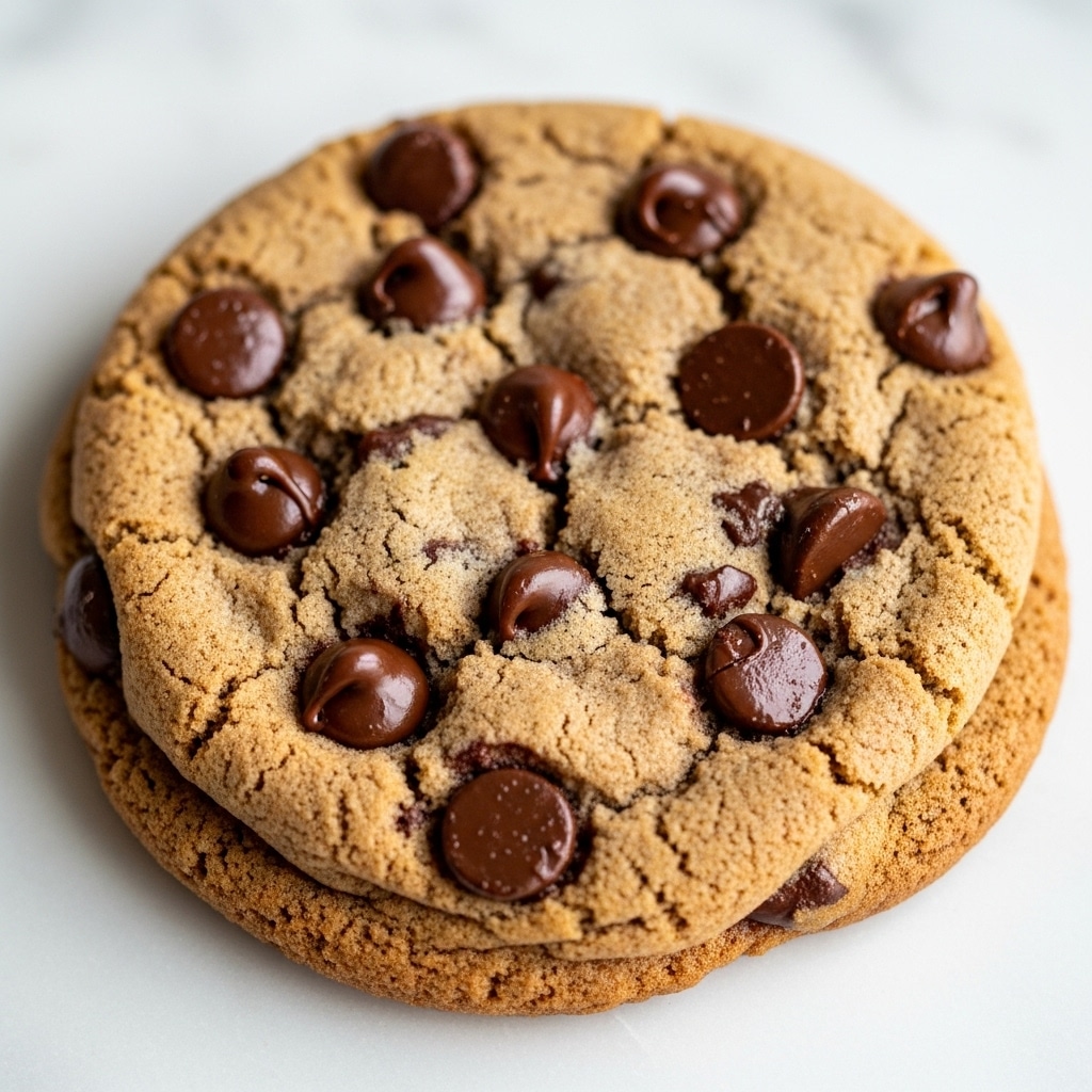 A close-up of a single thick chocolate chip cookie resting on a white marbled surface. The cookie has a golden brown color with a slightly rough texture, showing visible cracks on the top. Large, glossy dark chocolate chips are scattered evenly across the surface, some partially melted. The edges of the cookie are slightly crinkled and darker than the center, giving it a chewy and soft appearance. The background is softly blurred, emphasizing the cookie's texture and rich chocolate details. photo taken with an iphone --ar 4:5 --v 7