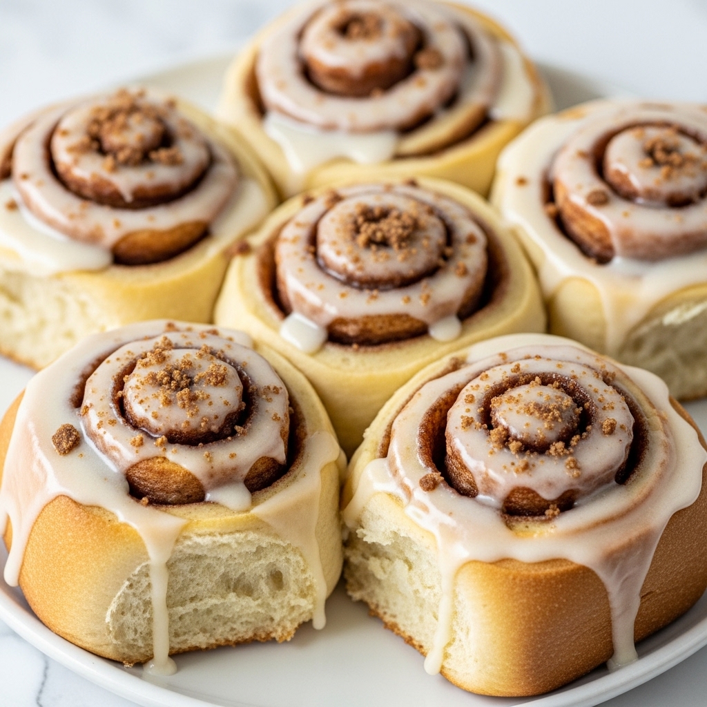A close-up view of five cinnamon rolls arranged on a white plate, each roll showing soft, swirled dough with a light golden-brown color. The rolls are generously covered with smooth, creamy icing that drips slightly down the sides, adding a glossy layer. The centers are topped with sprinkled crumbly brown bits, giving texture contrast. The background shows a white marbled surface. photo taken with an iphone --ar 4:5 --v 7