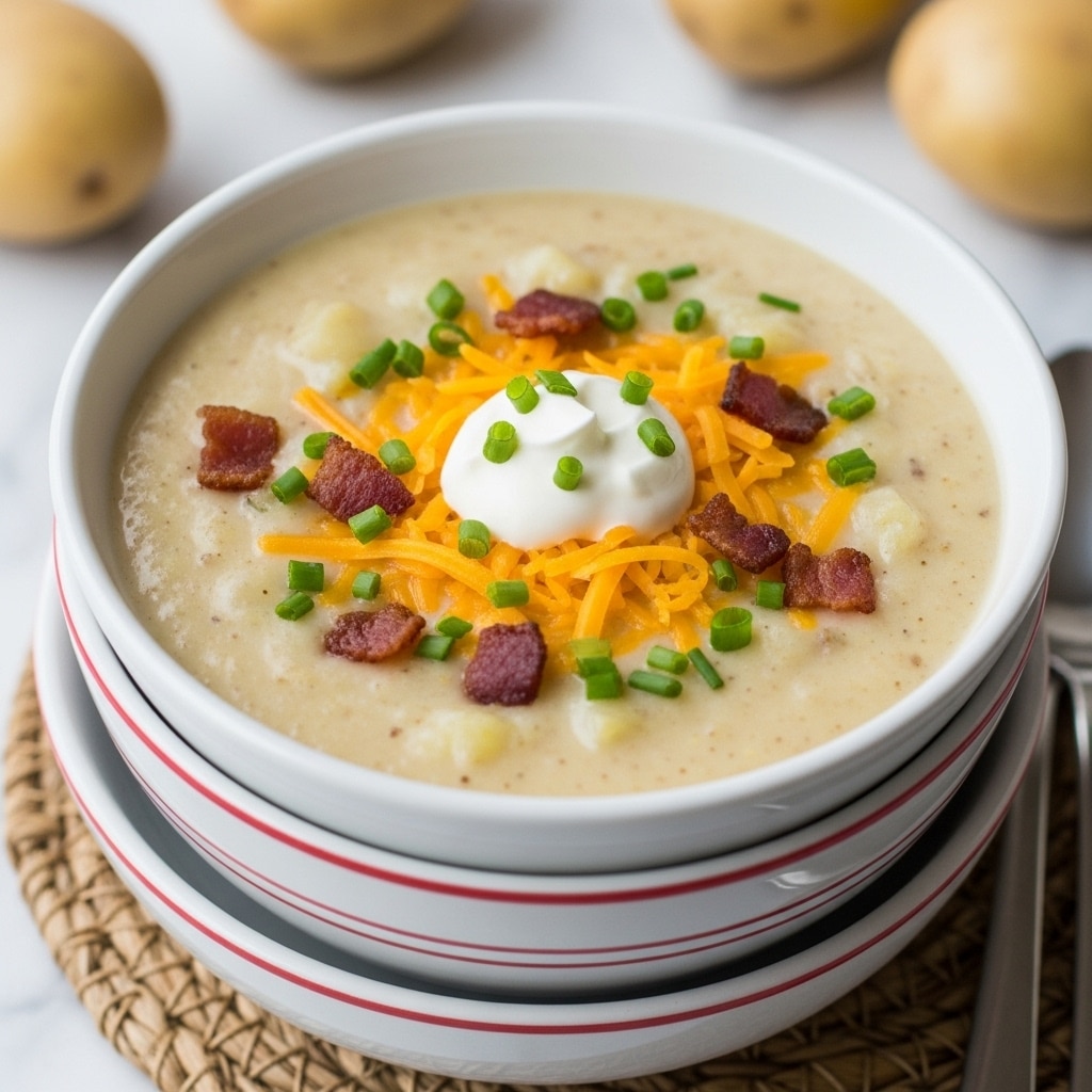 A creamy potato soup in a white bowl stacked on top of another white bowl, placed on a woven mat over a white marbled surface. The soup itself is light beige with a smooth texture and visible small potato chunks. On top, there is a layer of bright orange shredded cheddar cheese, sprinkled with small pieces of crispy brown bacon and fresh green chopped chives. In the center, a dollop of white sour cream adds contrast, with more bacon and chives on top. The background shows whole potatoes slightly out of focus. photo taken with an iphone --ar 4:5 --v 7