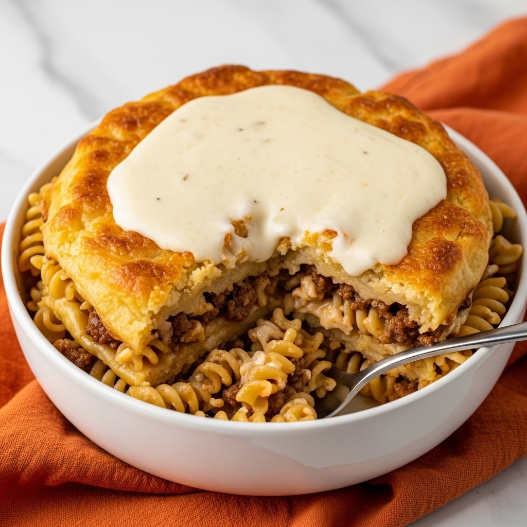 A white round bowl sits on an orange cloth over a white marbled surface, filled with a layered pasta dish featuring four visible layers. The bottom layer consists of spiraled pasta with bits of browned meat mixed throughout, topped by a thick, golden-brown crust with browned spots. A creamy white sauce generously coats the top, dripping slightly over the edges of the crust. A silver spoon is placed inside the bowl, partially lifting some pasta, showing the pasta's curly shape and savory filling inside. Photo taken with an iphone --ar 4:5 --v 7