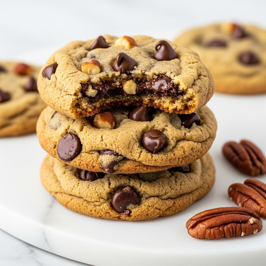 A close-up image of a stack of three soft chocolate chip cookies on beige parchment paper over a white marbled surface, with pecan nuts scattered around the base. The top cookie is bitten in half revealing a moist, crumbly golden-brown inside full of semi-melted dark chocolate chips. The cookies have a slightly wrinkled texture with visible chocolate chips studded on the surface, giving a soft and chewy look. The background is softly blurred in light neutral tones, highlighting the rich texture of the cookies. Photo taken with an iphone --ar 4:5 --v 7