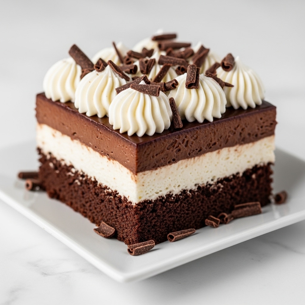 The image shows a square piece of layered chocolate dessert on a white square plate, placed on a white marbled surface. The bottom layer is a dark chocolate cake with a soft texture, topped by a thick creamy white layer that looks smooth and fluffy. Above this is a thinner, glossy dark chocolate layer with a rich, shiny texture. The top is decorated with several white cream swirls, each topped with small chocolate shavings scattered around the plate and on the dessert itself. The whole piece looks rich and moist, with a mix of smooth and textured layers. Photo taken with an iphone --ar 4:5 --v 7
