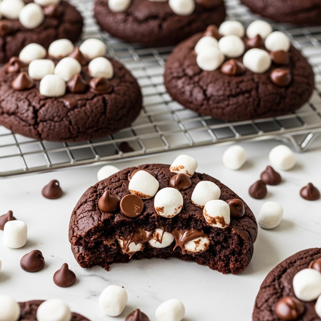 The image shows several round, thick chocolate cookies on a silver cooling rack and scattered on a white marbled surface. Each cookie has a rough, crackled dark brown surface with visible chunks of melted milk chocolate chips and small white marshmallows spread unevenly on top. One cookie at the bottom left has a bite taken out of it, revealing a soft, moist interior. The cookies look soft and chewy, with a mix of glossy chocolate spots and matte cookie dough texture. Photo taken with an iphone --ar 4:5 --v 7