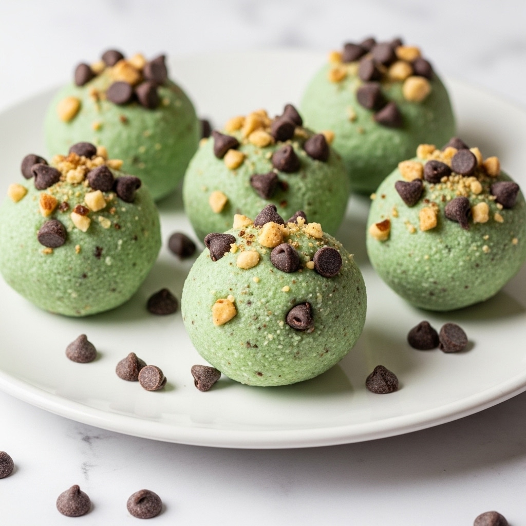 The image shows a close-up of five round truffle balls on a white plate, each covered with a smooth, pale green coating that is speckled with small dark chocolate pieces and crushed nuts. The truffles are shiny and slightly textured with the toppings scattered evenly on their surface. Around the plate, there are a few loose dark chocolate chips adding extra detail. The background is a white marbled texture. photo taken with an iphone --ar 4:5 --v 7
