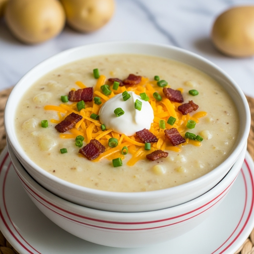 A white bowl filled with creamy, light beige potato soup sits stacked on another white bowl with thin red lines around the rims. The soup has a smooth texture with small potato pieces visible. On top, there is a dollop of white sour cream in the center, surrounded by bright orange shredded cheddar cheese, small crispy brown bacon bits, and fresh green chopped chives scattered evenly. The bowls rest on a natural woven mat, with whole potatoes blurred in the background on a white marbled surface. photo taken with an iphone --ar 4:5 --v 7