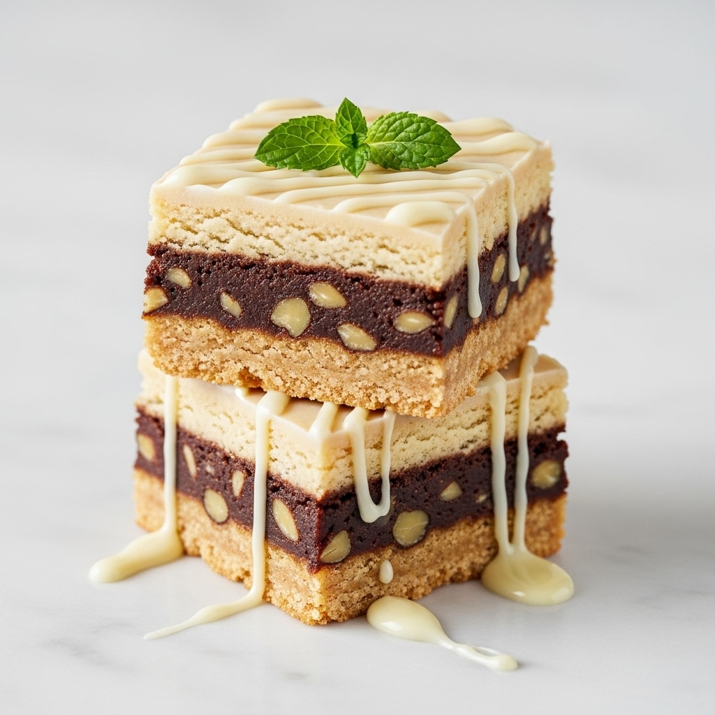 The image shows two square pieces of dessert stacked on top of each other on a white marbled surface. Each piece has three layers: a light golden brown base layer that looks soft and slightly crumbly, a dark brown middle layer with a textured, nutty or chocolatey filling, and a top layer covered with white icing drizzled in a wavy pattern. A small green mint leaf is placed on the top piece for decoration, and extra white icing is spread around the base on the surface. The overall colors are warm and inviting, with a mix of light browns, dark browns, and white icing. Photo taken with an iphone --ar 4:5 --v 7