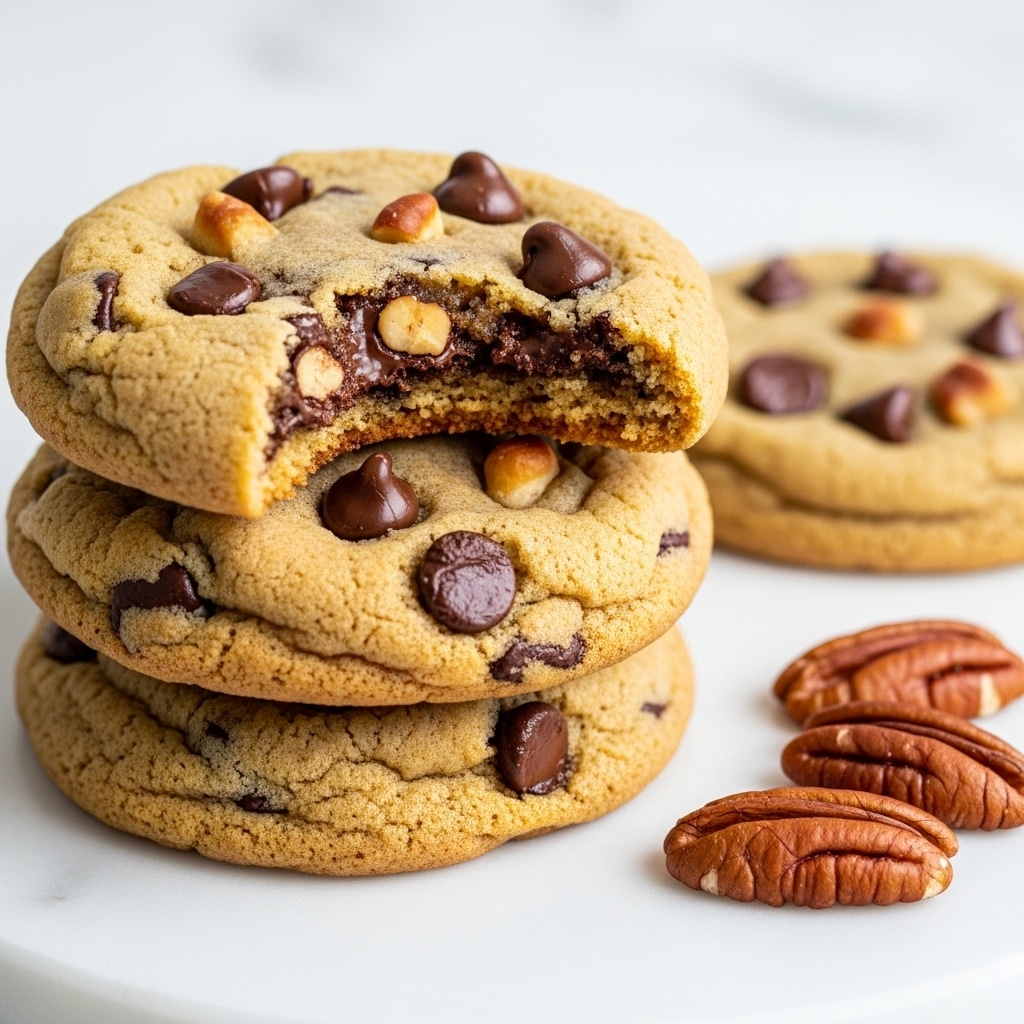 A stack of three golden-brown chocolate chip cookies sits on a white marbled surface, with visible chocolate chips embedded in each cookie. The top cookie has a bite taken out, revealing its soft, chewy inside speckled with melted chocolate chips and small nut pieces. The cookies have a slightly rough, crumbly texture around the edges and a smoother surface on top. Near the cookies, a few whole pecans are placed on the surface, adding contrast with their darker reddish-brown color and grooved texture. The overall scene is close-up, showing detailed crumb structures and rich chocolate chunks, with a soft, blurred white background. Photo taken with an iphone --ar 4:5 --v 7