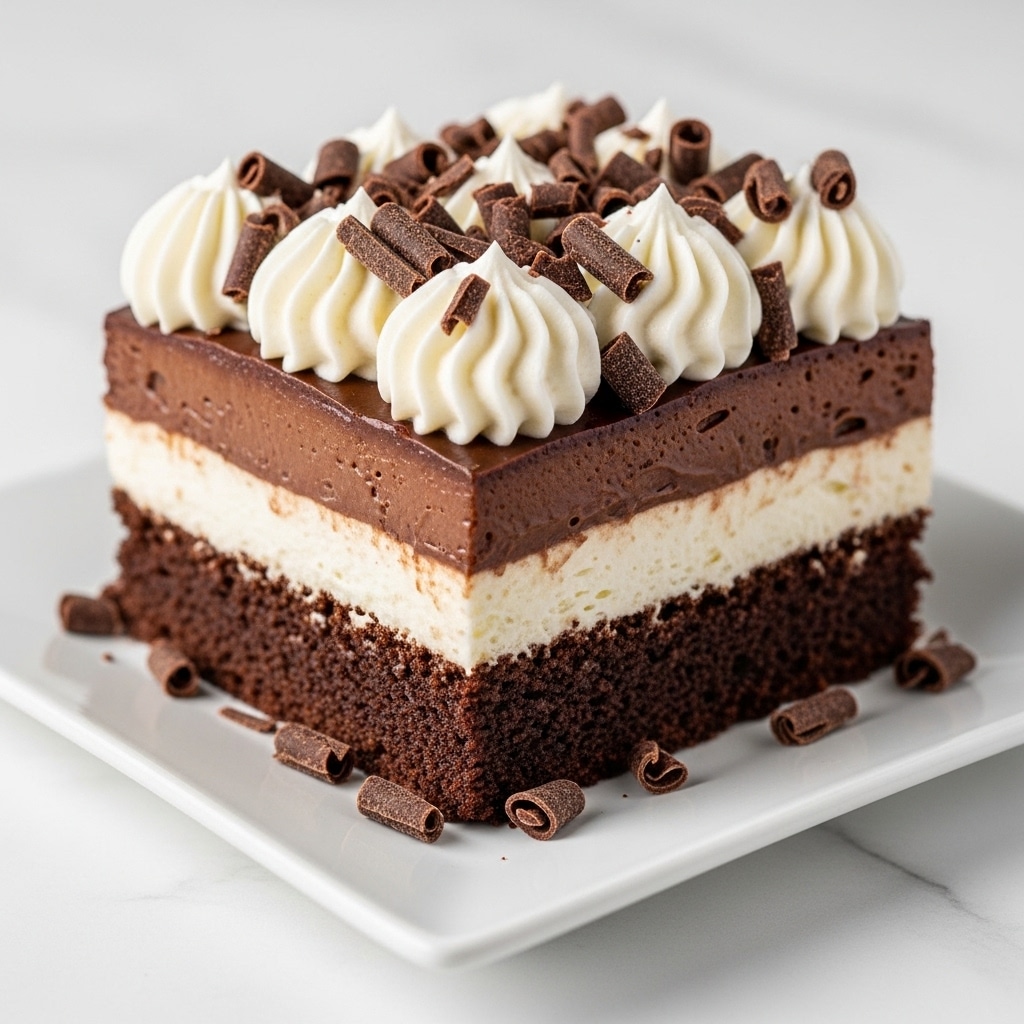 The image shows a square slice of layered dessert on a white square plate placed on a white marbled surface. The bottom layer is a dark brown, dense chocolate cake. Above it is a thick, smooth white cream layer. The next layer is a rich, dark chocolate pudding or mousse, topped with soft, swirled white whipped cream dollops. On top of the whipped cream are dark chocolate shavings scattered over the entire slice and some on the plate. The texture of the cake looks moist, the cream is smooth, and the chocolate layer is glossy. Photo taken with an iphone --ar 4:5 --v 7
