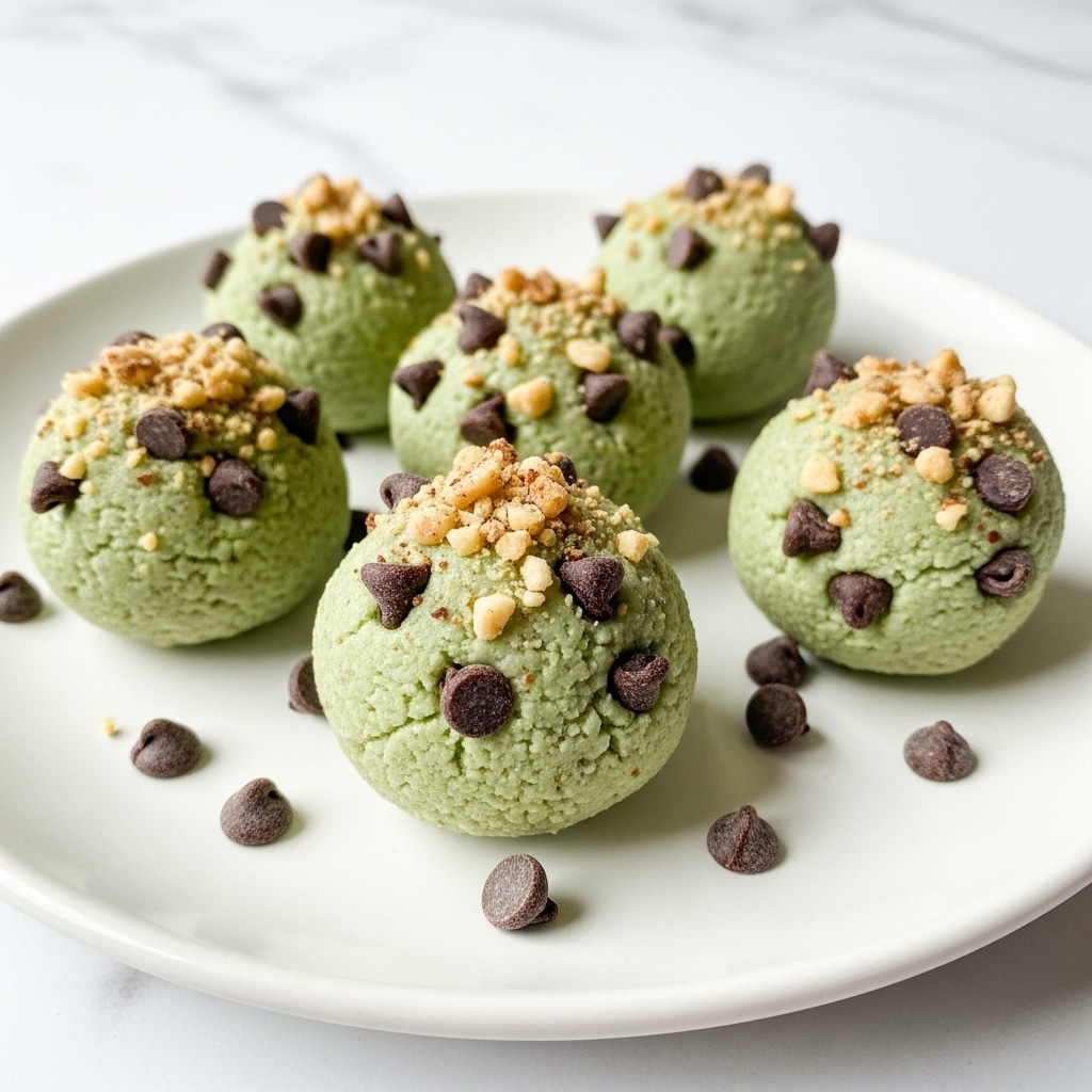Five round truffles sit on a white plate with a white marbled background. Each truffle is light green with a smooth texture and covered in small pieces of chocolate chips and crushed nuts scattered unevenly around their surface. A few loose dark chocolate chips lie around the plate, adding contrast. The truffles are placed close to each other in the center with clear details showing the layers of toppings over the green base. photo taken with an iphone --ar 4:5 --v 7