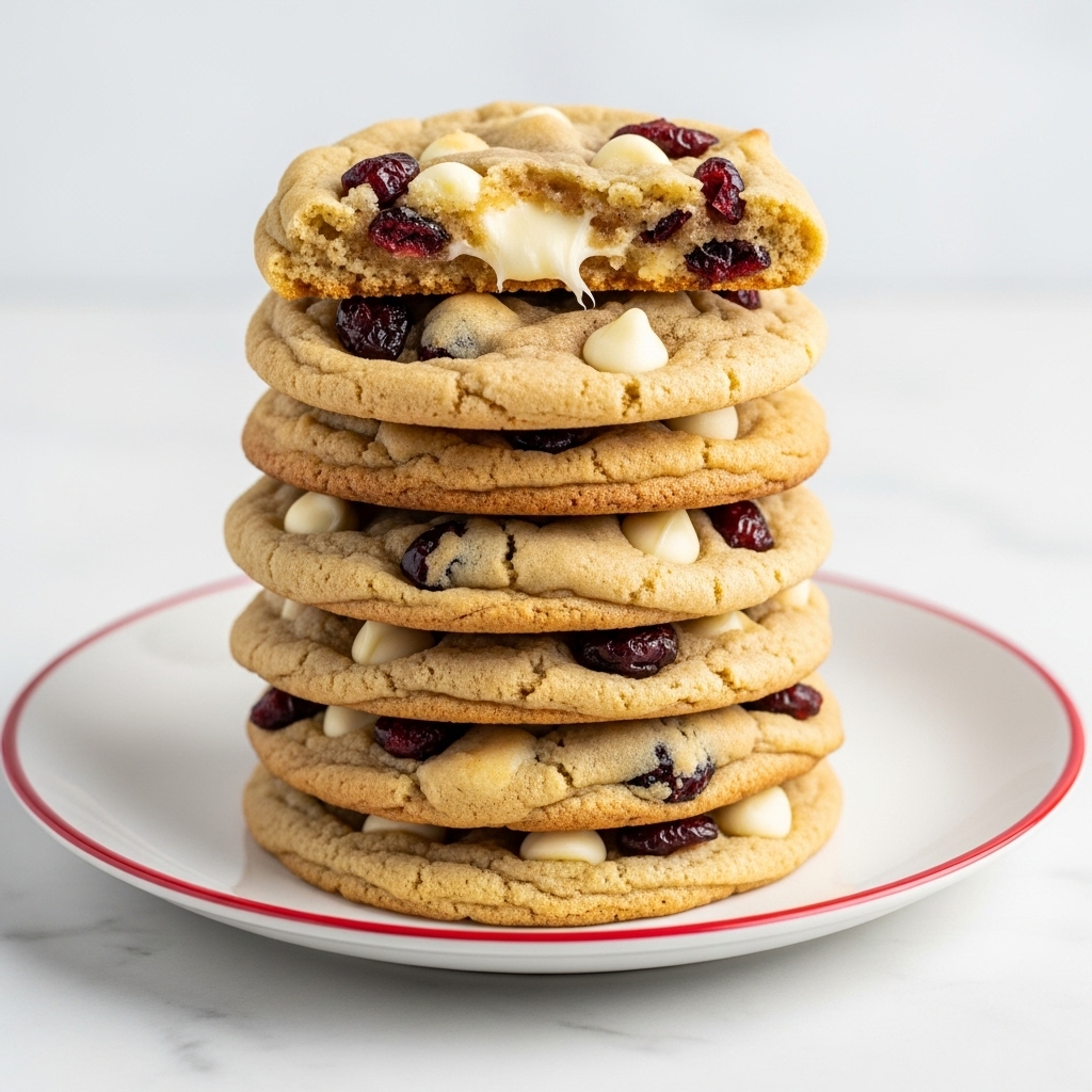A stack of light golden cookies filled with white chocolate chips and dried red cranberries, each cookie showing a soft, slightly bumpy texture and a few cracks on the surface. The cookies are piled in a small hill on a white plate with a thin red rim, placed on a white marbled surface. The mix of white chocolate chips and bright red cranberries dot the cookies evenly, giving a colorful contrast against the creamy dough. Photo taken with an iphone --ar 4:5 --v 7