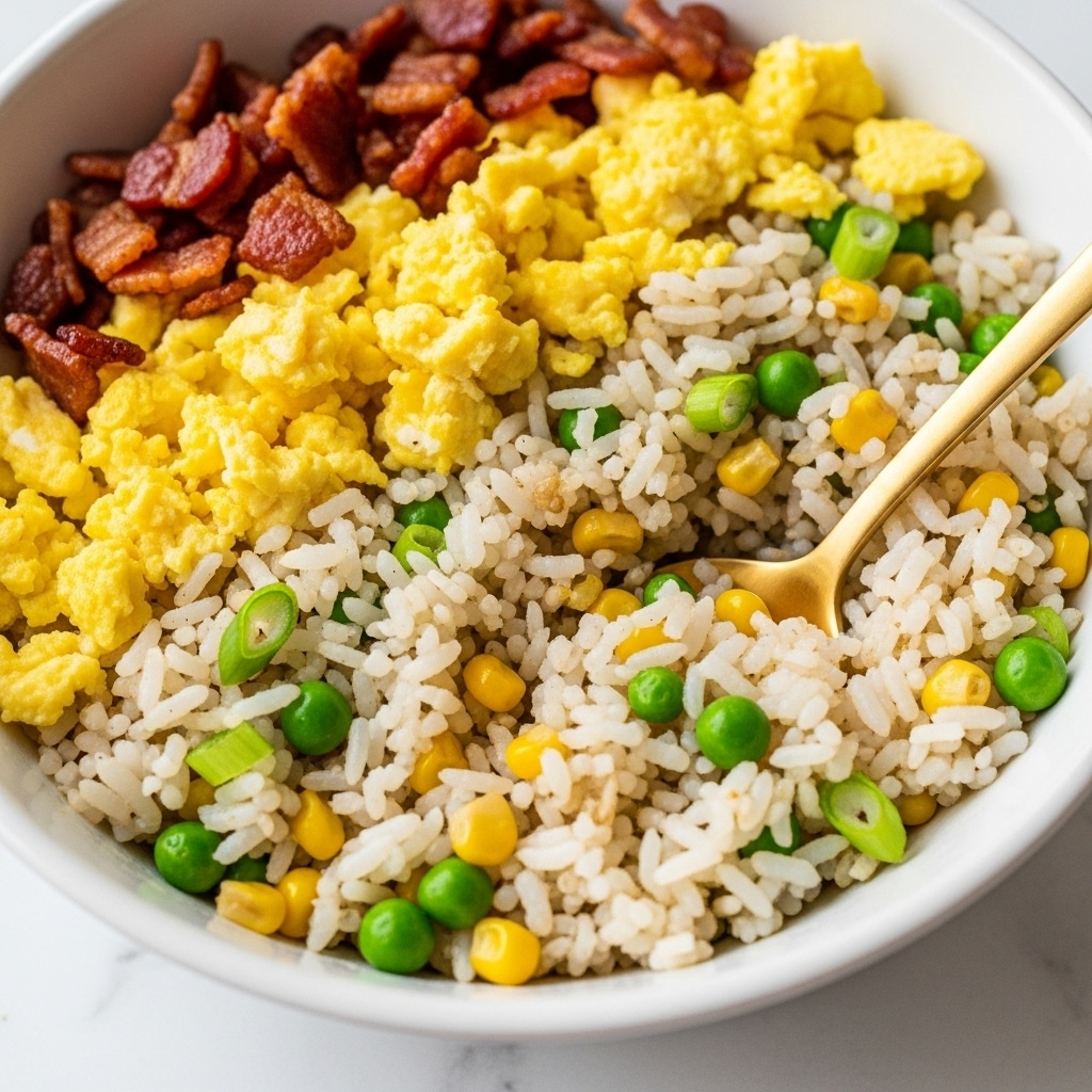 A close-up view of a bowl filled with fried rice showing a mix of ingredients in layers. The bottom layer has lightly browned cooked rice mixed with small pieces of cooked onion. On top, bright yellow scrambled egg pieces sit unevenly scattered, along with small green peas, yellow corn kernels, chopped green onions, and orange carrot bits. Crispy, dark reddish-brown bacon pieces are placed on top, adding texture and color contrast. A golden spoon rests inside the bowl, partially submerged in the rice. The bowl is white and set on a white marbled surface. photo taken with an iphone --ar 4:5 --v 7