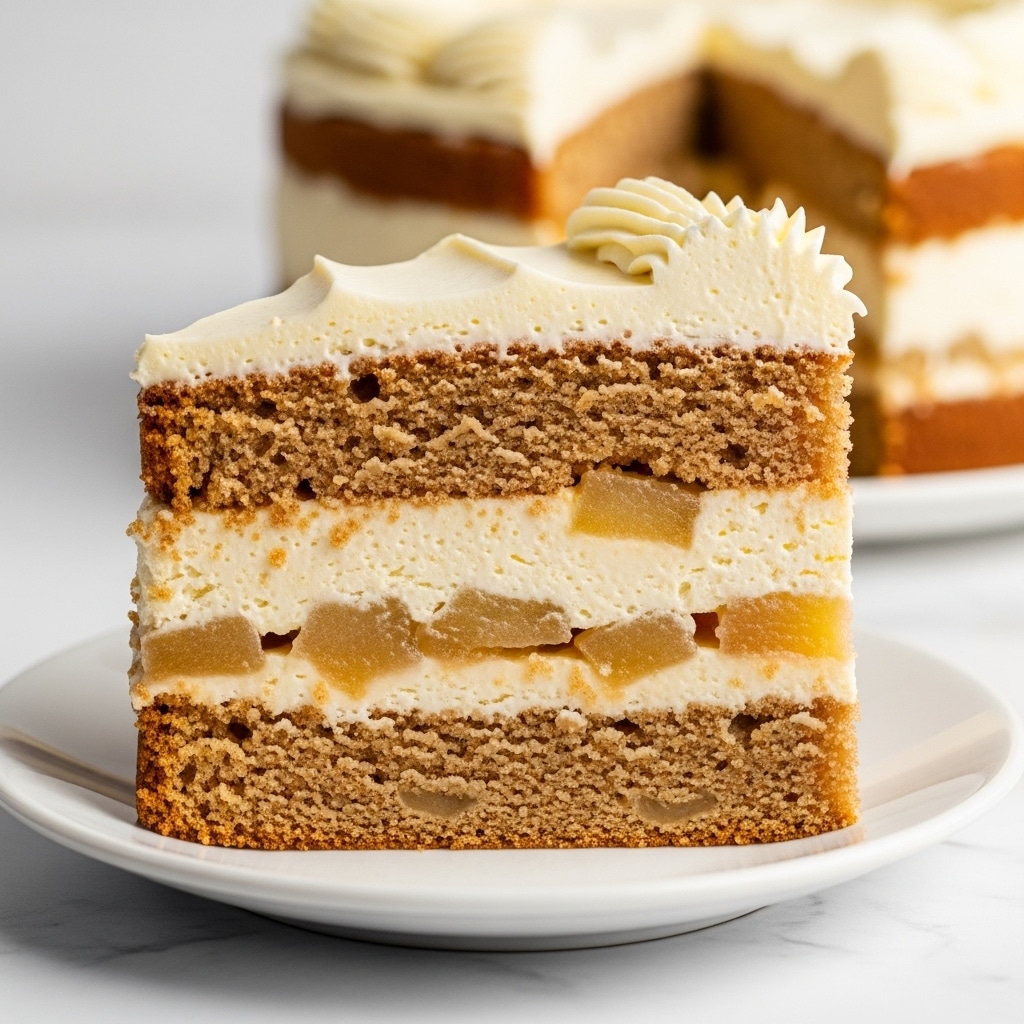 A close-up of a slice of layered cake on a white plate sitting on a white marbled surface. The cake has three layers: the bottom and top layers are dense and golden brown with visible small chunks of apple, while the middle layer is thick and creamy with a smooth texture. The top of the cake is decorated with a thick, swirled layer of pale cream frosting. The lighting shows the moist texture and details of the cake clearly. Photo taken with an iphone --ar 4:5 --v 7
