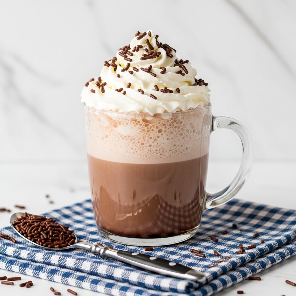 A clear glass mug holds three distinct layers: the bottom is a light brown creamy hot chocolate, the middle is a lighter frothy cream layer, and the top is a thick swirl of white whipped cream sprinkled with small, dark brown chocolate sprinkles. The mug is set on a teal and white checkered cloth with scattered chocolate sprinkles around it, and a spoon with more sprinkles rests to the right. The background is a white marbled texture with some faint, shiny snowflake decorations blurred in the distance. Photo taken with an iphone --ar 4:5 --v 7