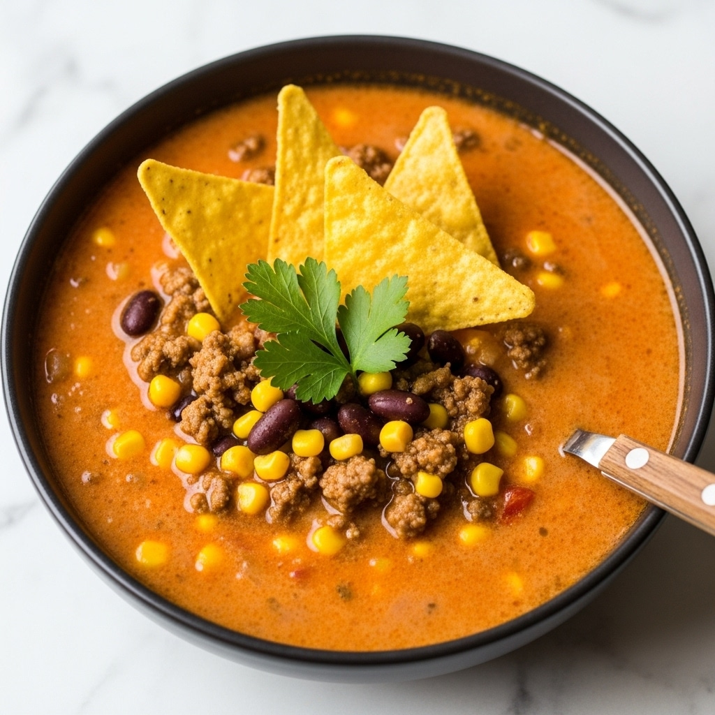 A black textured bowl filled with creamy light orange soup containing yellow corn kernels, dark black beans, small pieces of cooked ground meat, and diced red tomatoes, topped with three yellow tortilla chips standing upright in the soup and a single green cilantro leaf in the center; a spoon with a wooden handle is placed inside the bowl on the right side, all set on a white marbled surface. photo taken with an iphone --ar 4:5 --v 7