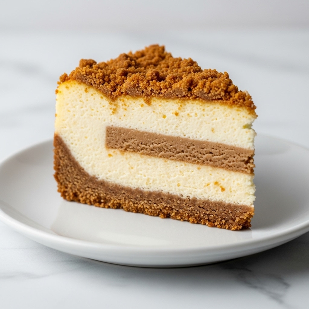 A close-up of a thick slice of cheesecake on a white plate, resting on a white marbled surface. The dessert has three visible layers: a dark brown crumbly crust at the bottom, a thick creamy off-white cheesecake middle layer, and a golden caramel-like layer on top. The top layer is covered with a rough, crumbly brown topping, giving a crunchy look. The lighting highlights the textures and colors, making the cheesecake look rich and inviting. Photo taken with an iphone --ar 4:5 --v 7
