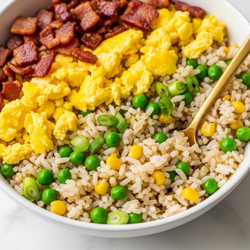 A close-up of a bowl filled with fried rice showing three main layers: the bottom layer is white rice mixed with small tender pieces of yellow corn, bright green peas, and chopped light green scallions; the middle layer contains golden yellow scrambled eggs with a slightly crispy texture; the top layer has small, dark brown crispy bacon pieces scattered on top. A gold spoon is partially dipped into the rice, resting on the side of the white bowl, which sits on a white marbled surface. The photo taken with an iphone --ar 4:5 --v 7
