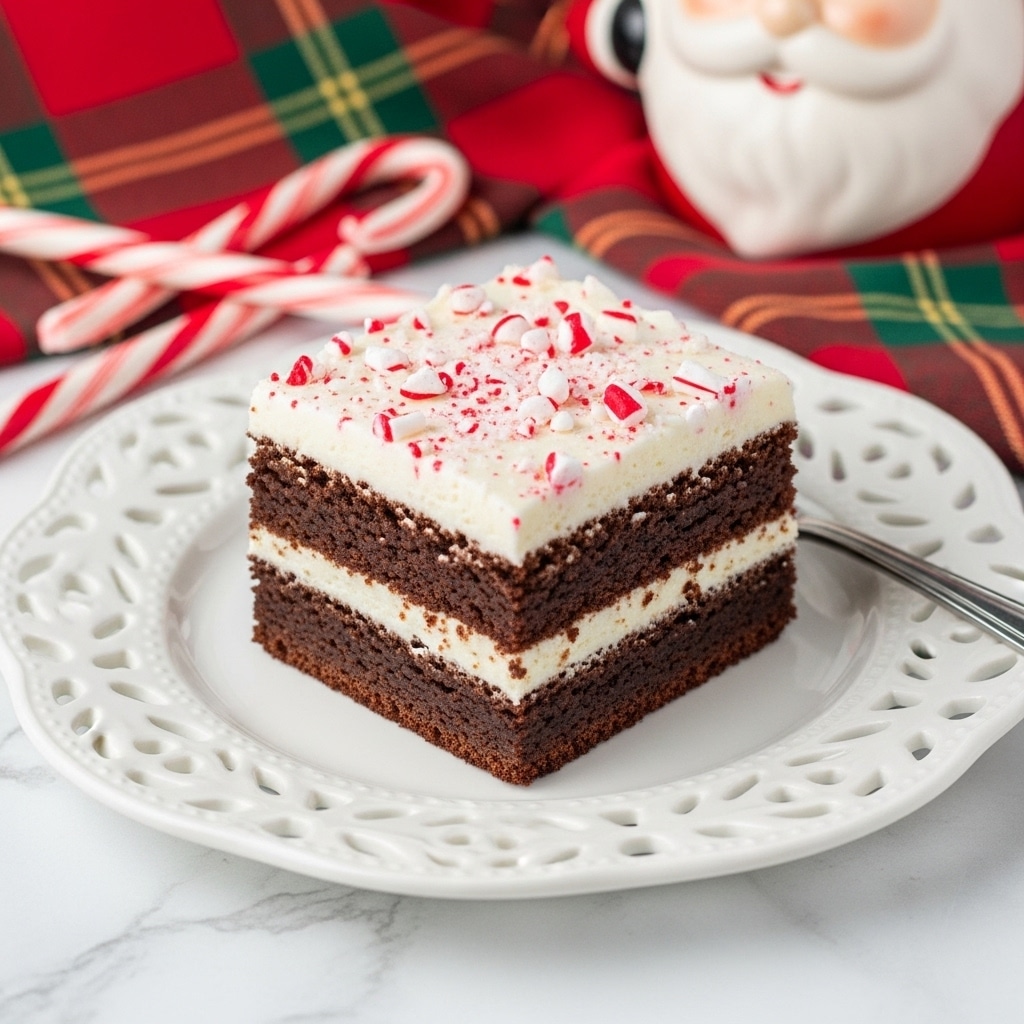 A square piece of dessert is shown on a white plate with small cut-out designs. The dessert has two layers: a bottom layer of dark brown chocolate cake with a soft texture and a top layer of smooth white frosting. The top frosting layer is sprinkled with small crushed red and white candy cane pieces that add color and texture. Next to the dessert, two whole candy canes with red and white stripes lie on the white marbled surface, along with some scattered candy pieces. Part of a metal fork is visible to the right of the plate, and a mug with a Santa face is in the upper left corner. Behind the plate, a green and red checkered cloth is partly seen. Photo taken with an iphone --ar 4:5 --v 7