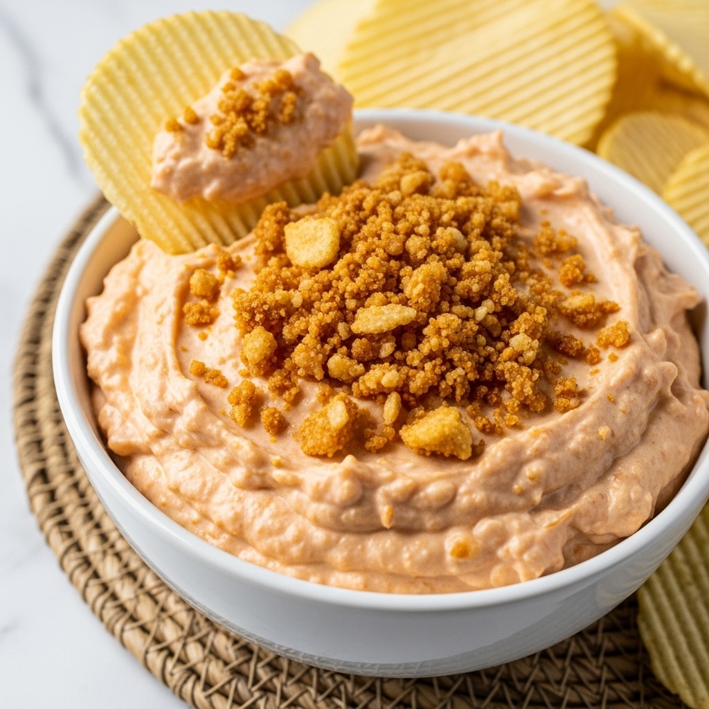 A close-up of a white bowl filled with a creamy, light orange dip that has a thick and chunky texture, topped with a generous layer of golden-brown crispy crumbs scattered unevenly across the surface. The bowl sits on a round woven mat on a white marbled surface. In the background, there are light yellow ridged chips, with one chip partially covered in the dip. Photo taken with an iphone --ar 4:5 --v 7