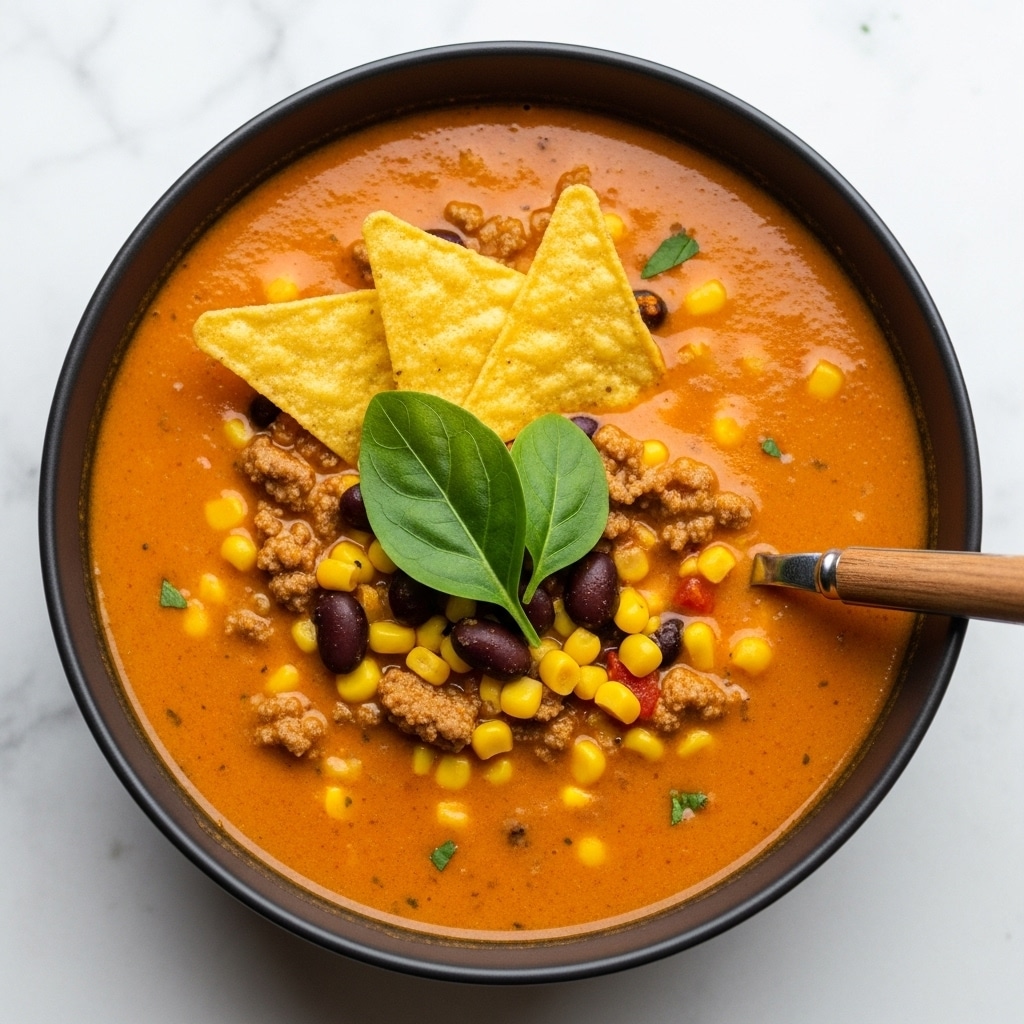A creamy soup served in a dark bowl showing a thick layer of smooth orange broth mixed with small yellow corn kernels, black beans, and brown ground meat scattered throughout. On top, three yellow triangular tortilla chips stand upright next to a green leafy herb placed in the center. A spoon with a wooden handle is partially dipped into the soup, resting on the bowl’s edge. The bowl sits on a white marbled surface. photo taken with an iphone --ar 4:5 --v 7