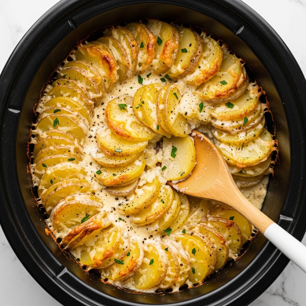 The image shows a creamy potato gratin in a black slow cooker pot. The dish has thin layers of yellow and light golden potato slices arranged closely with melted creamy cheese in between. The top layer is slightly browned and crispy on the edges, while the inside looks soft and creamy with visible black pepper and small green herb pieces sprinkled on top. A wooden spoon with a white handle is resting on the side inside the pot, partially covered by the creamy potatoes. The background is a white marbled texture. photo taken with an iphone --ar 4:5 --v 7