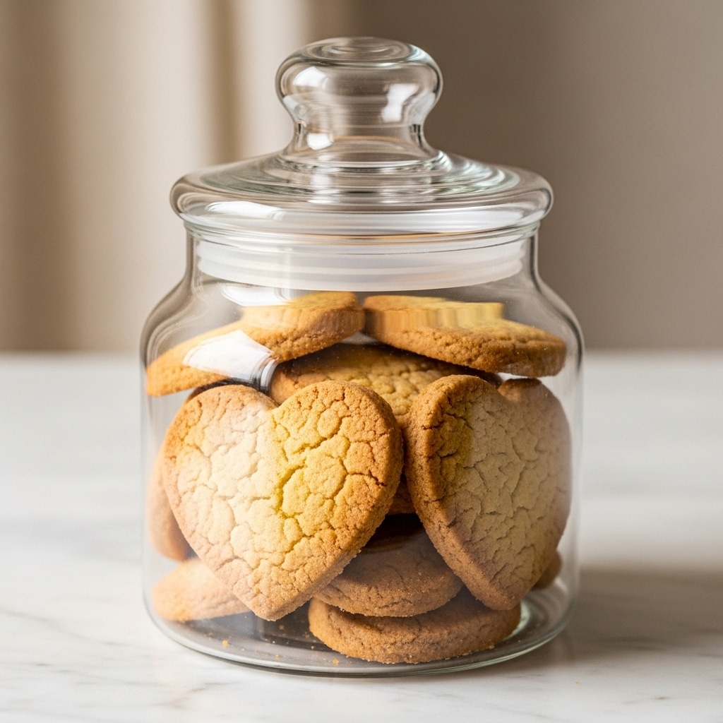 A clear glass jar with a rounded lid is filled with heart-shaped cookies. The cookies are golden brown with a slightly rough texture, stacked closely inside the jar. Three cookies are clearly visible at the front, showing their heart shape and even thickness. The jar sits on a white marbled surface with soft, neutral tones in the background, giving a warm and cozy feel. photo taken with an iphone --ar 4:5 --v 7