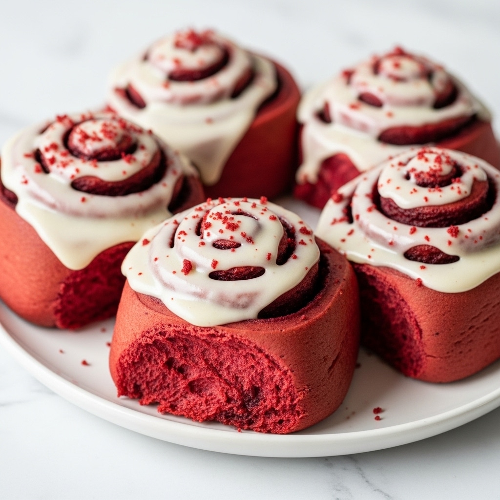 A close-up view of five red velvet cinnamon rolls arranged closely on a white plate placed on a white marbled surface. Each roll has a thick spiral layer with a deep red, moist texture, clearly showing multiple swirled layers. On top is a creamy, smooth white frosting that drips slightly over the edges, giving a glossy appearance. The frosting forms a clear spiral matching the roll’s shape, with some red crumbs sprinkled on top, adding detail. The overall look is rich and soft, with warm, inviting colors. photo taken with an iphone --ar 4:5 --v 7