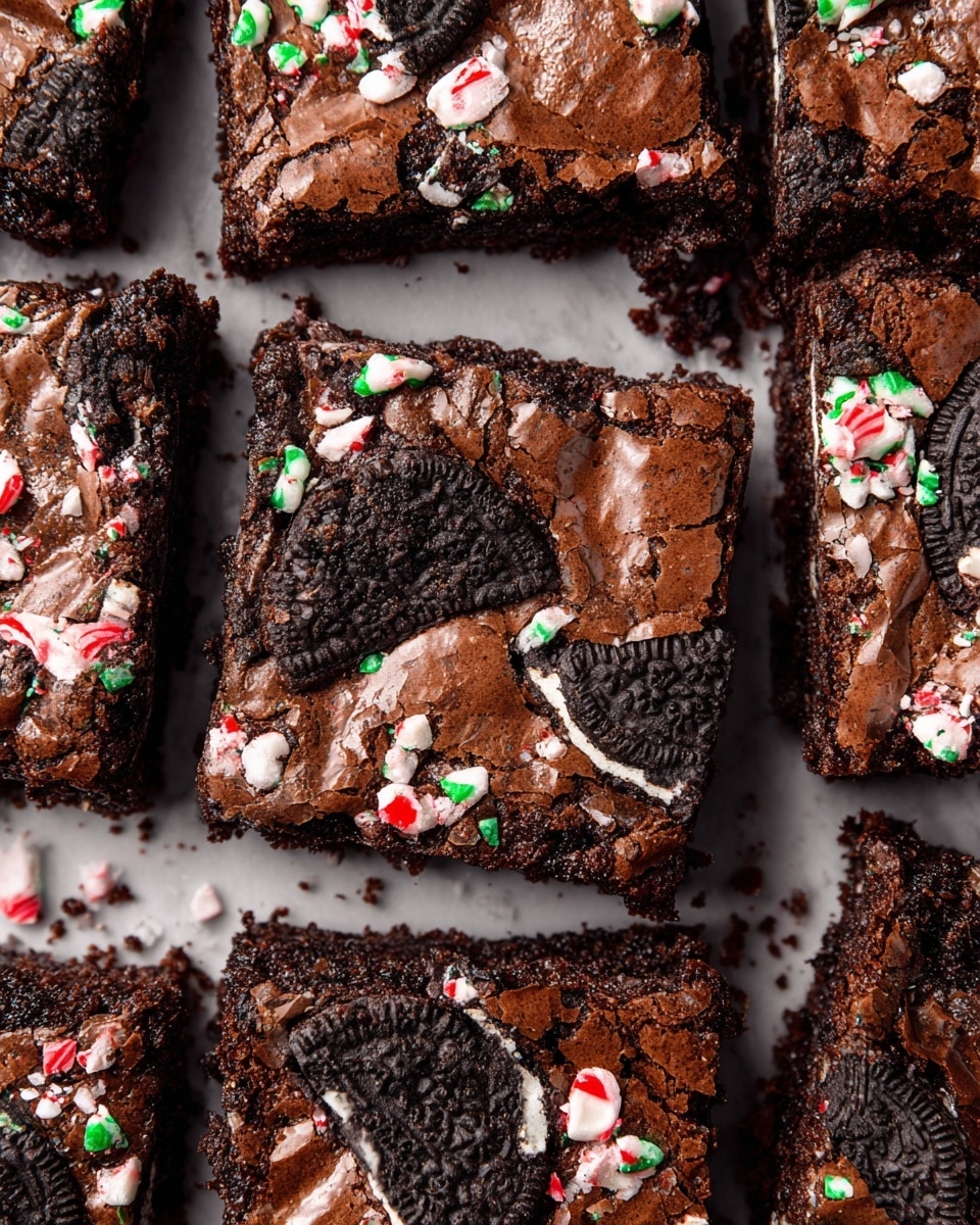 A close-up top view of multiple square brownies arranged side by side on a white marbled surface, each brownie having a cracked, shiny dark brown crust on top. Embedded on the surface are broken pieces of black and white sandwich cookies, with the white cream inside clearly visible. Scattered across every brownie are small crushed bits of red, white, and green candy cane pieces, adding vibrant color contrast. The brownies have a soft and chewy texture visible at the edges where they are cut. Photo taken with an iphone --ar 4:5 --v 7