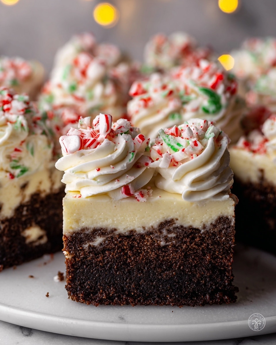 A close-up photo shows a cake with two layers on a white plate set on a white marbled surface. The bottom layer is a thick, dark brown crumbly crust, while the top layer is a smooth, creamy off-white cheesecake. On top of the cheesecake, there are swirled white frosting dollops decorated with crushed red and green peppermint candies and small whole candy cane pieces. The background is soft and blurred with warm yellow fairy lights. photo taken with an iphone --ar 4:5 --v 7