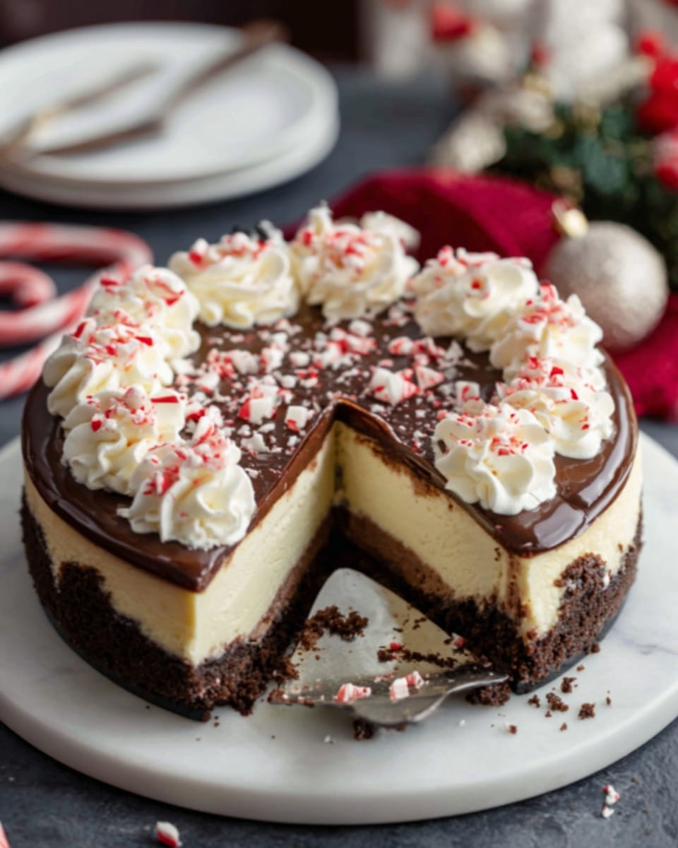 A thick slice of chocolate cheesecake sits on a white speckled plate, showing four distinct layers: a dark chocolate crumb crust at the bottom, a dense and smooth chocolate cheesecake layer above it, topped by a lighter, creamy white whipped layer, and garnished with small white marshmallows, chocolate chips, and bits of red candy sprinkled on top. The plate rests on a wooden surface with scattered marshmallows and candy around it, and blurred festive decorations in the background on a white marbled texture. photo taken with an iphone --ar 4:5 --v 7