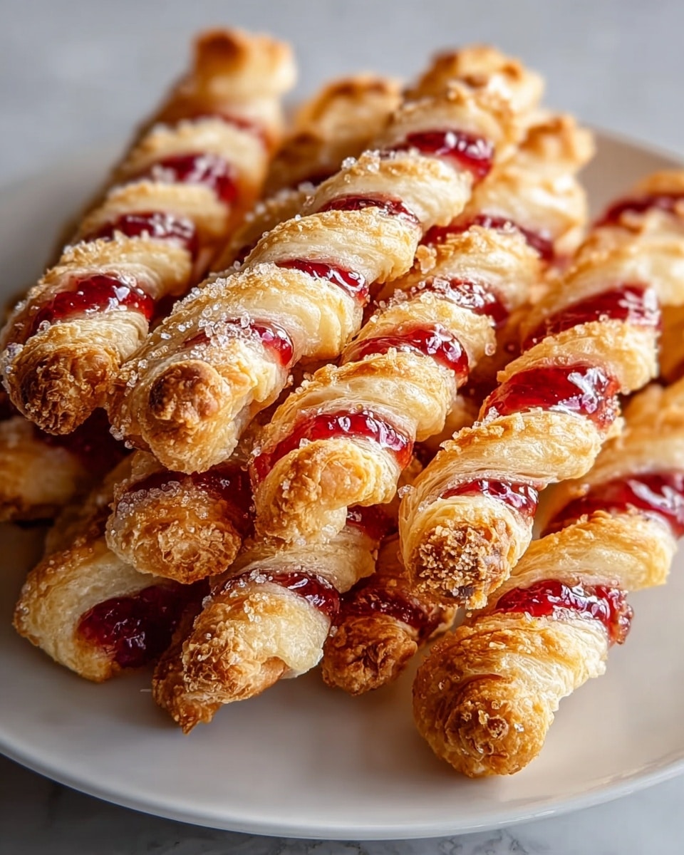 A white plate holds several twisted pastries, each with a golden-brown flaky crust and a red jam filling visible through the spiral layers. The pastries have a rough, sugary texture on top and are stacked closely together, showing the puffed, crispy edges and soft inner parts with glossy, rich red jam. The scene is set on a white marbled surface. photo taken with an iphone --ar 4:5 --v 7