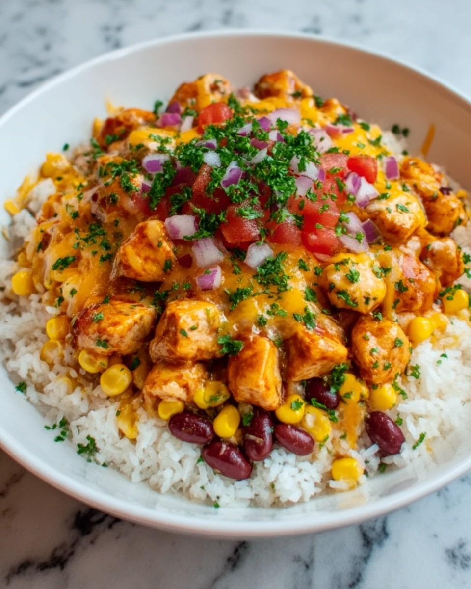 The image shows a bowl of rice topped with multiple colorful layers. The bottom layer is white rice, covering the entire base of the white bowl. On top of the rice is a layer of yellow corn mixed with red beans, adding texture and color contrast. Above this is a generous layer of cooked, diced chicken pieces coated in a reddish sauce. This is followed by melted cheddar cheese that looks golden and slightly bubbly. Scattered finely chopped red onions and diced tomatoes sit on top, adding fresh red and purple hues. The dish is finished with a sprinkle of green chopped herbs, giving a fresh and vibrant touch. The bowl is set on a white marbled surface. Photo taken with an iphone --ar 4:5 --v 7